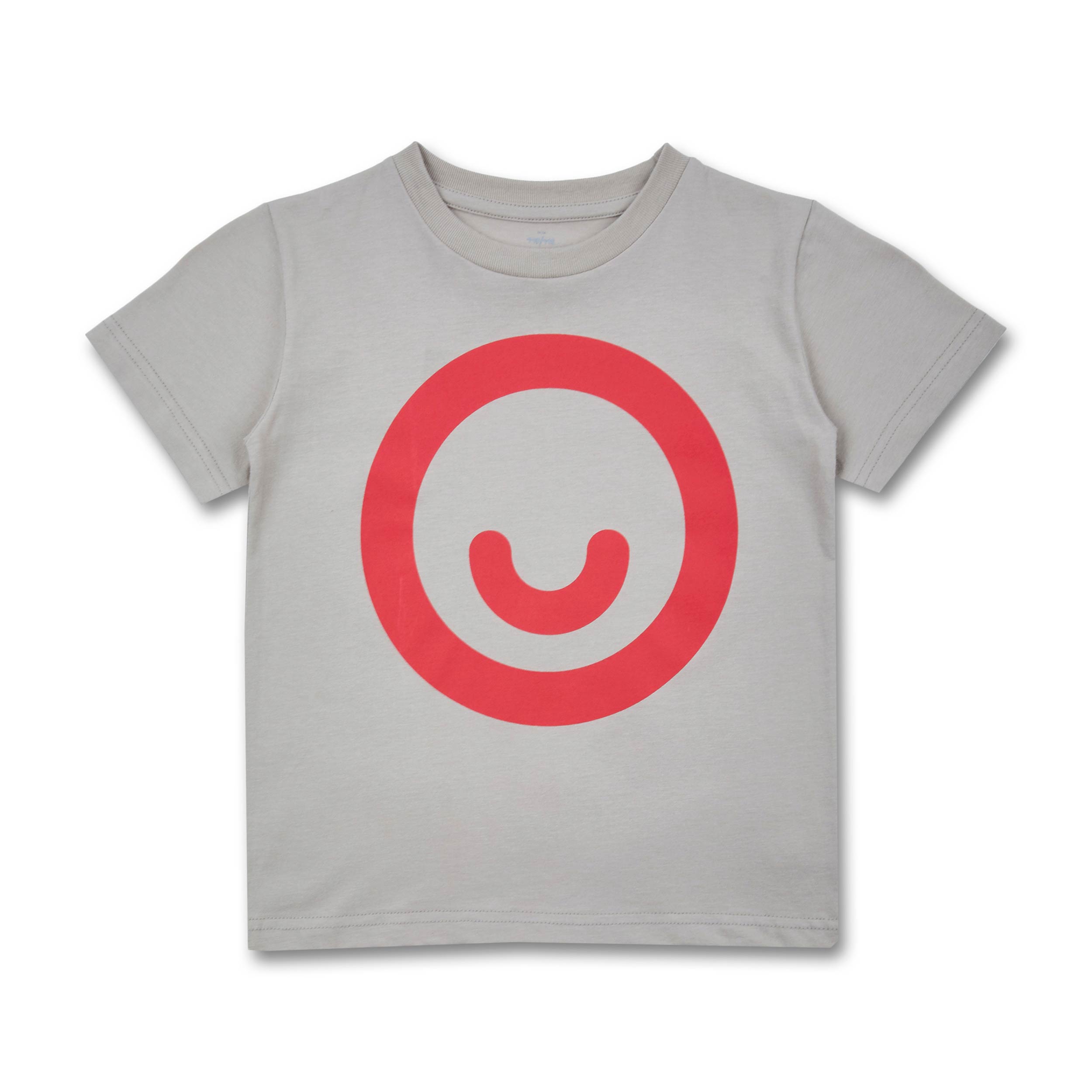 Graues T-Shirt mit einem großen roten Smiley-Gesicht in einem Kreis auf der Vorderseite.
