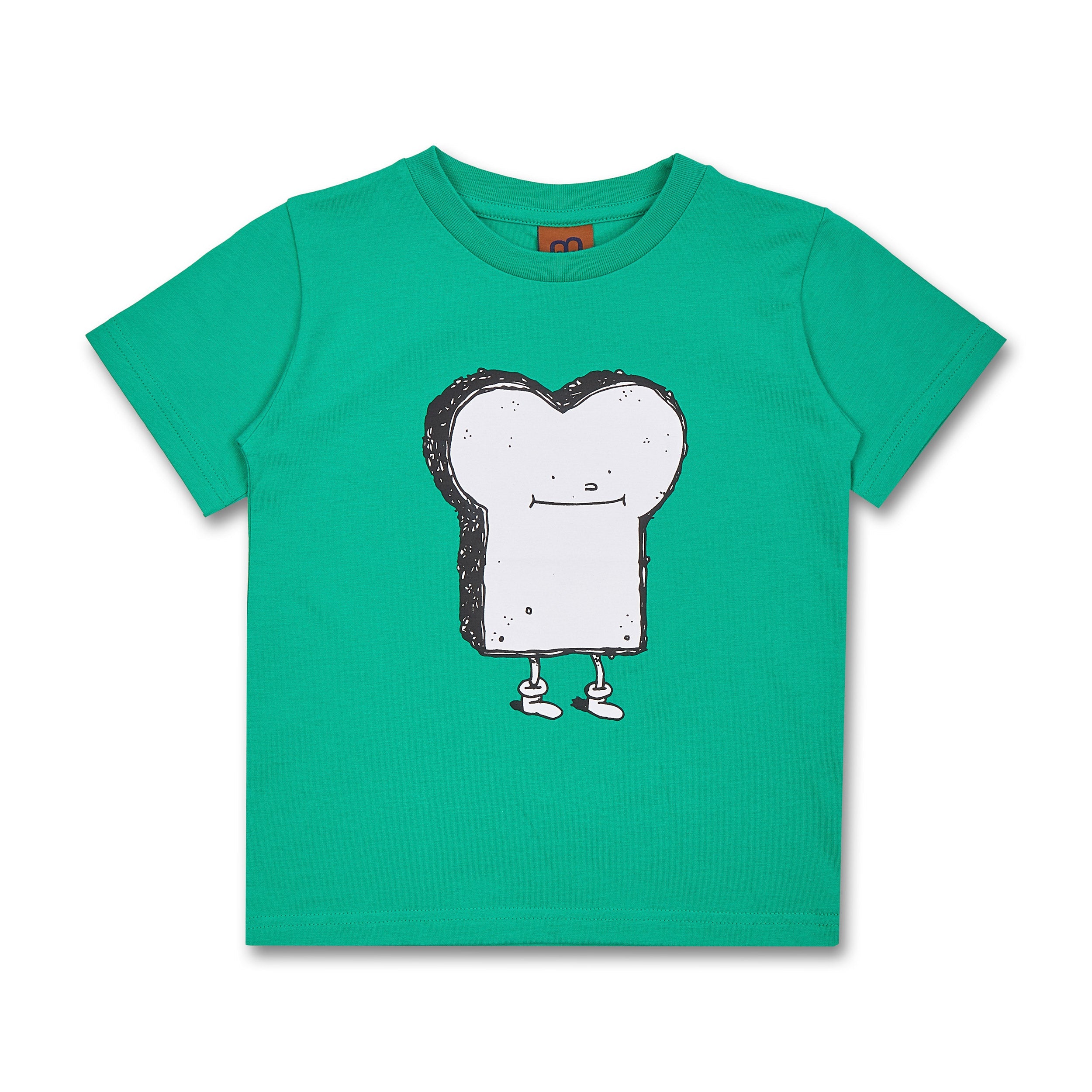 Grünes T-Shirt mit einem Cartoon-Toast-Motiv mit Gesicht und Beinen in der Mitte.