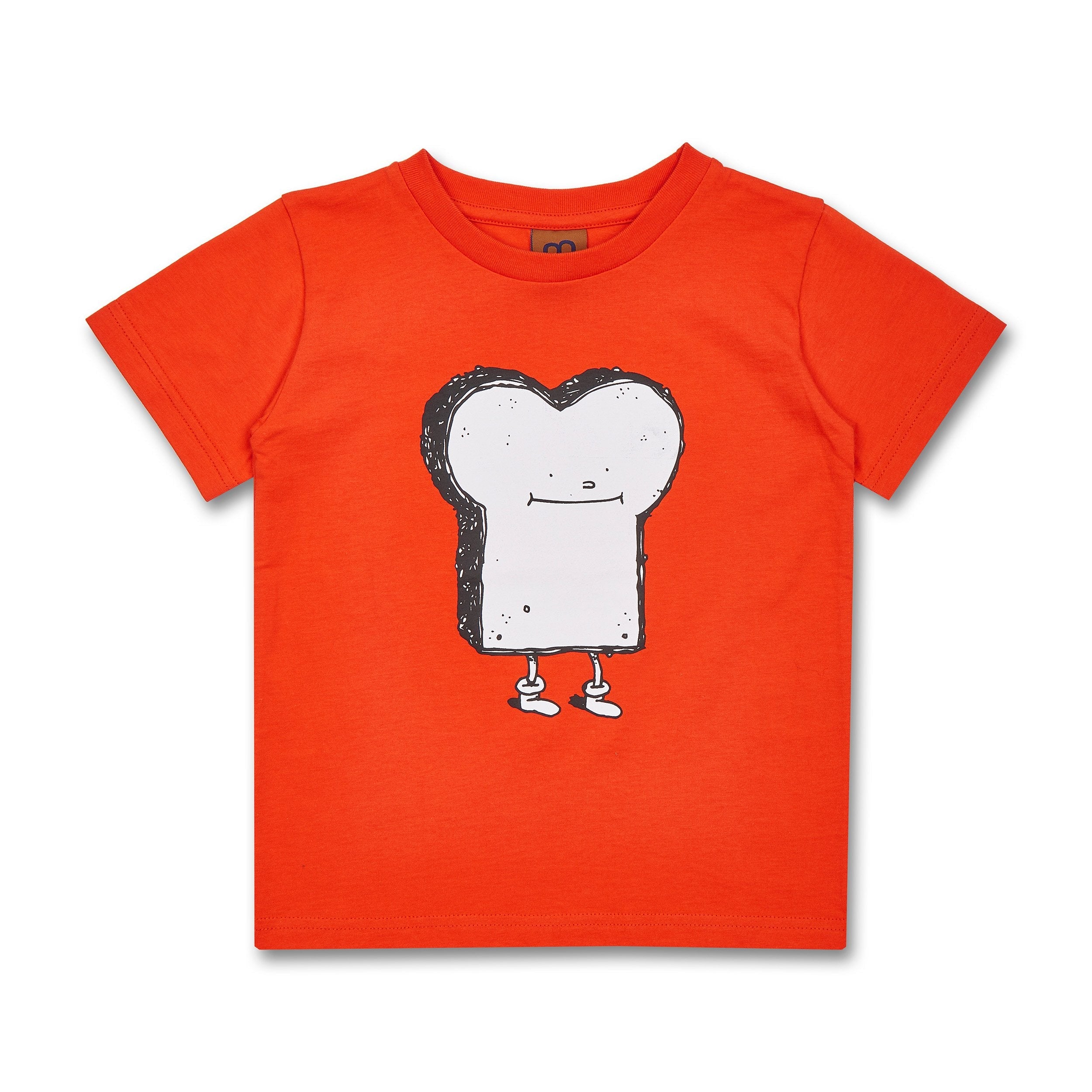 Rotes Kinder-T-Shirt mit einem lustigen Cartoon-Brot mit Gesicht, Armen und Beinen.