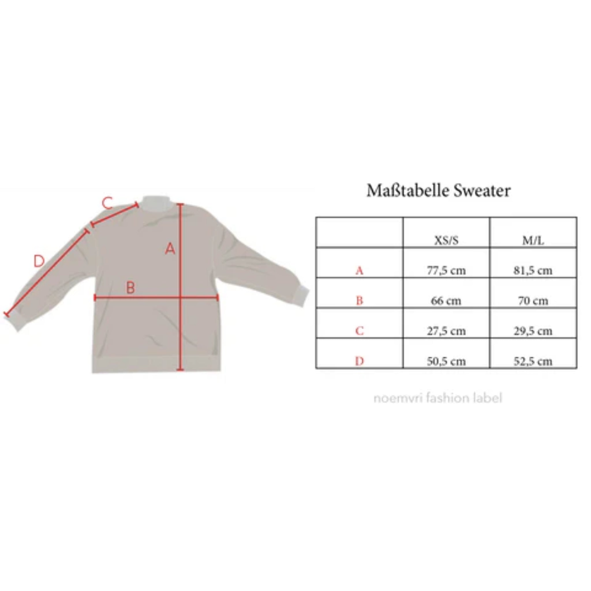 Diagramm eines Pullovers mit beschrifteten Messpunkten (A, B, C, D) und einer Größentabelle, die die Maße in Zentimetern für die Größen XS/S und M/L für jeden Punkt angibt.
