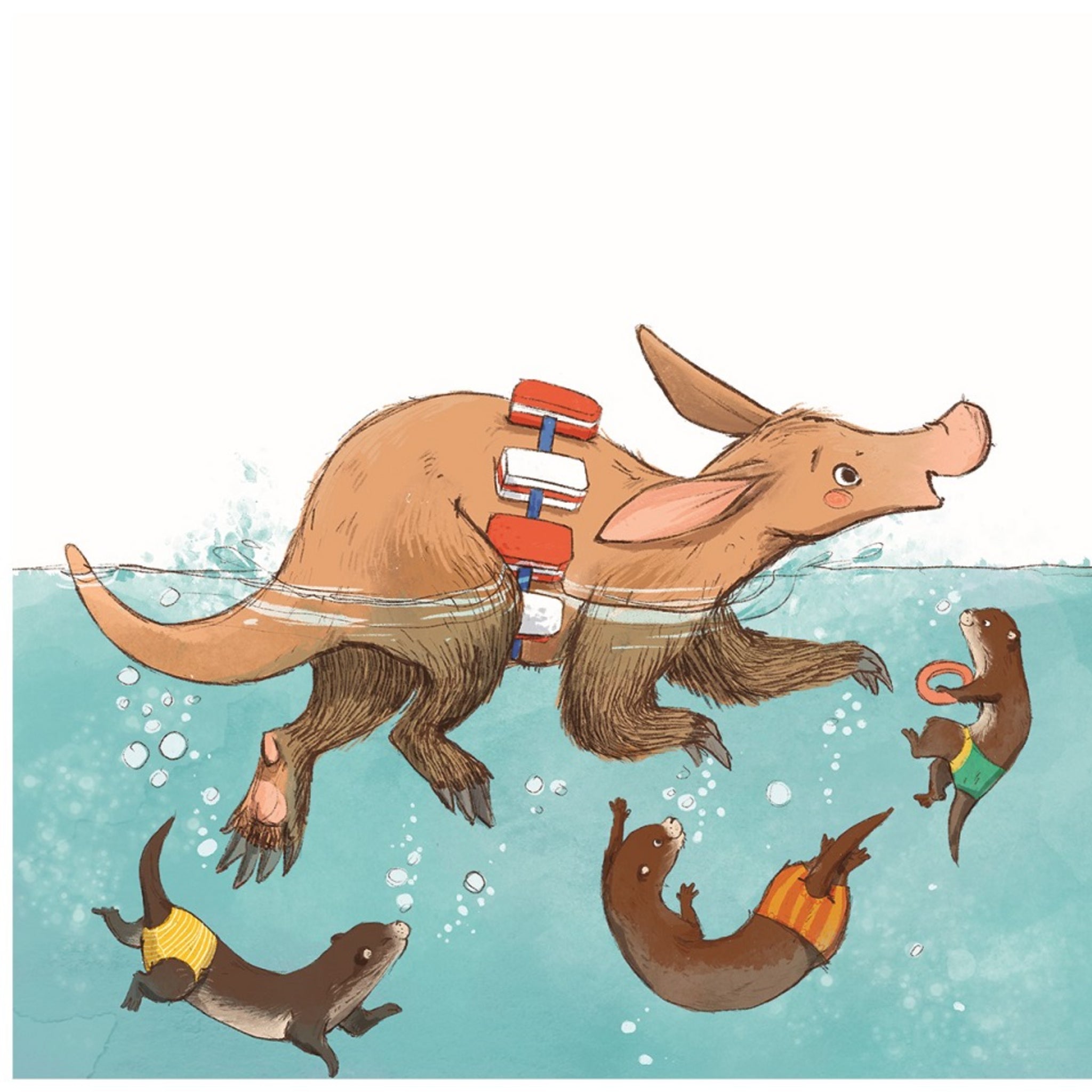 Ein Erdferkel mit einem rot-weiß-blauen Schwimmkörper schwimmt im Wasser, umgeben von drei Ottern mit bunten Schwimmringen und Shorts. Alle Tiere wirken unter Wasser verspielt und glücklich.