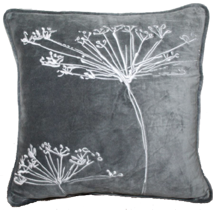 Graues Kissen mit gesticktem weißen Blumenmuster.