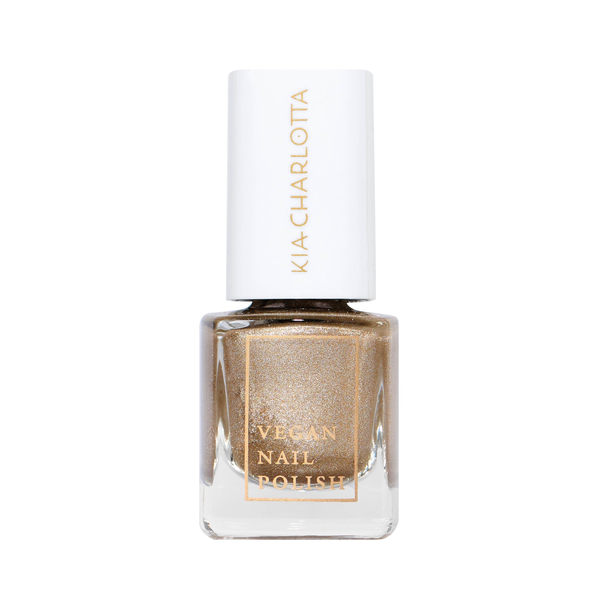 Flasche mit veganem Nagellack in schimmerndem Goldton, mit weißem Deckel, auf dem "Kia-Charlotta" steht.