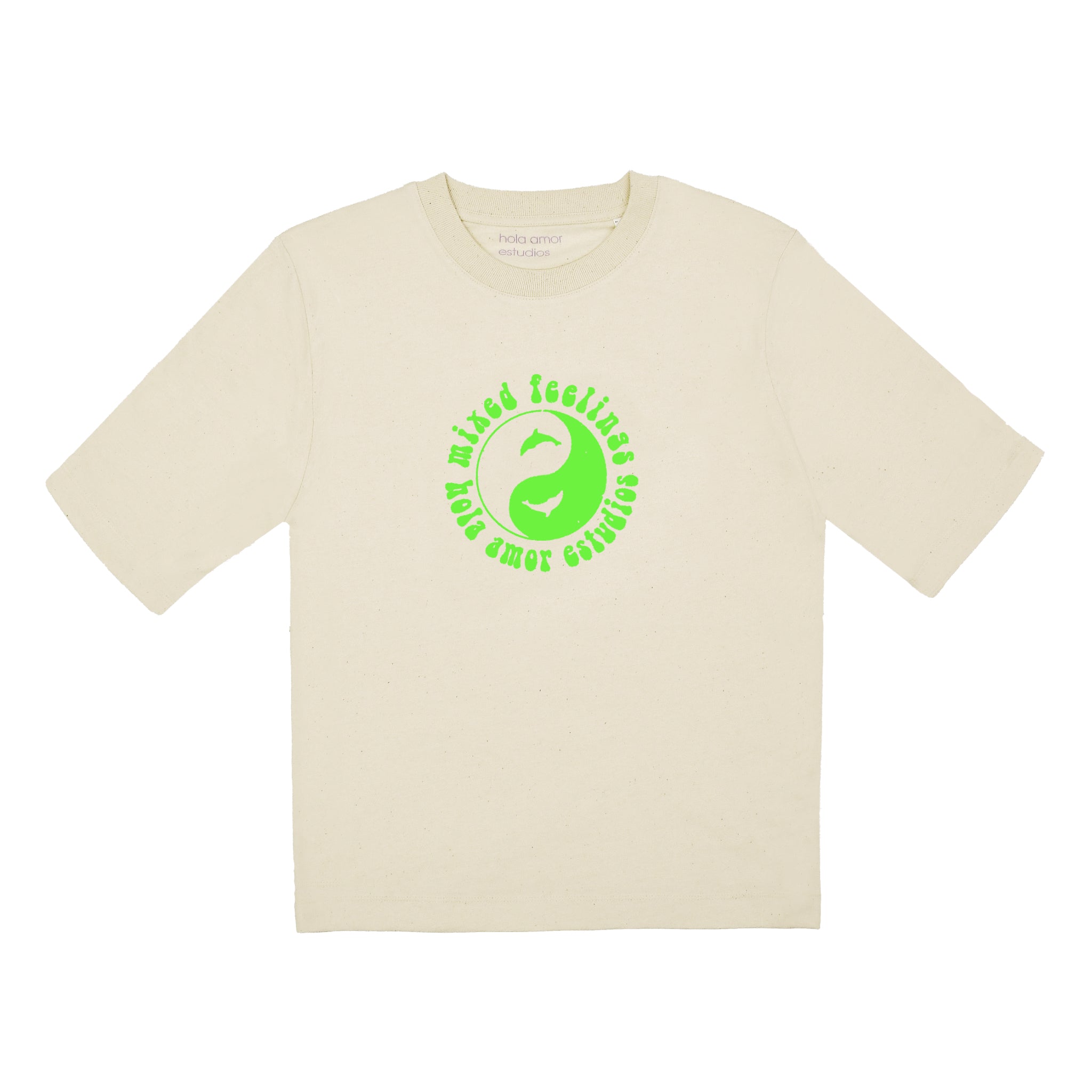 Beiges T-Shirt mit grünem Yin-Yang-Symbol und "mixed feelings" Aufschrift in einer Kreisform.