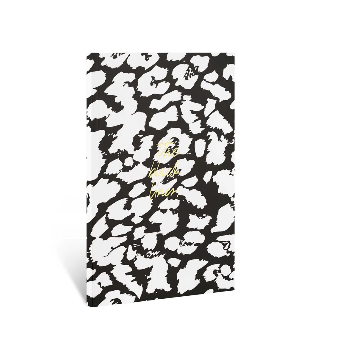 Schwarzes Notizbuch mit weißem Leopardenmuster und goldener Schrift auf dem Cover.