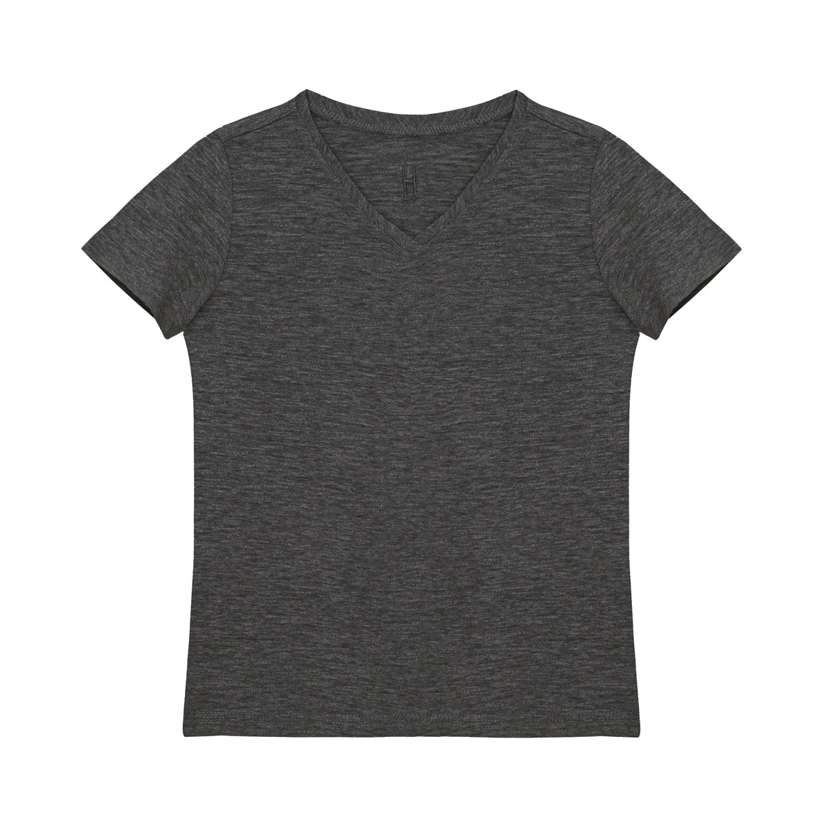 Ein schlichtes, dunkelgraues, kurzärmeliges T-Shirt mit V-Ausschnitt, flach auf weißem Hintergrund.