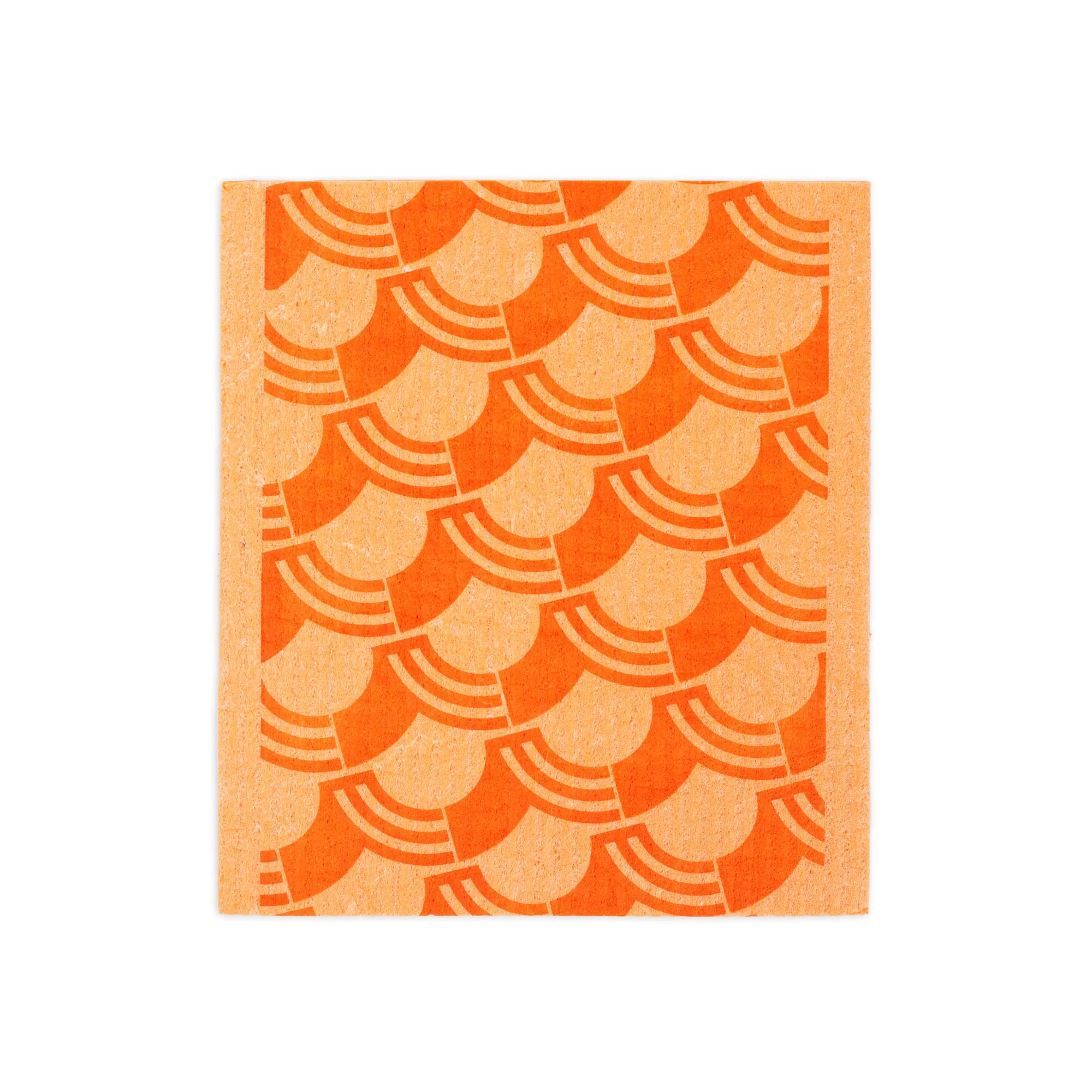 Oranges Schwammtuch mit wellenartigem geometrischem Muster auf beigefarbenem Hintergrund.