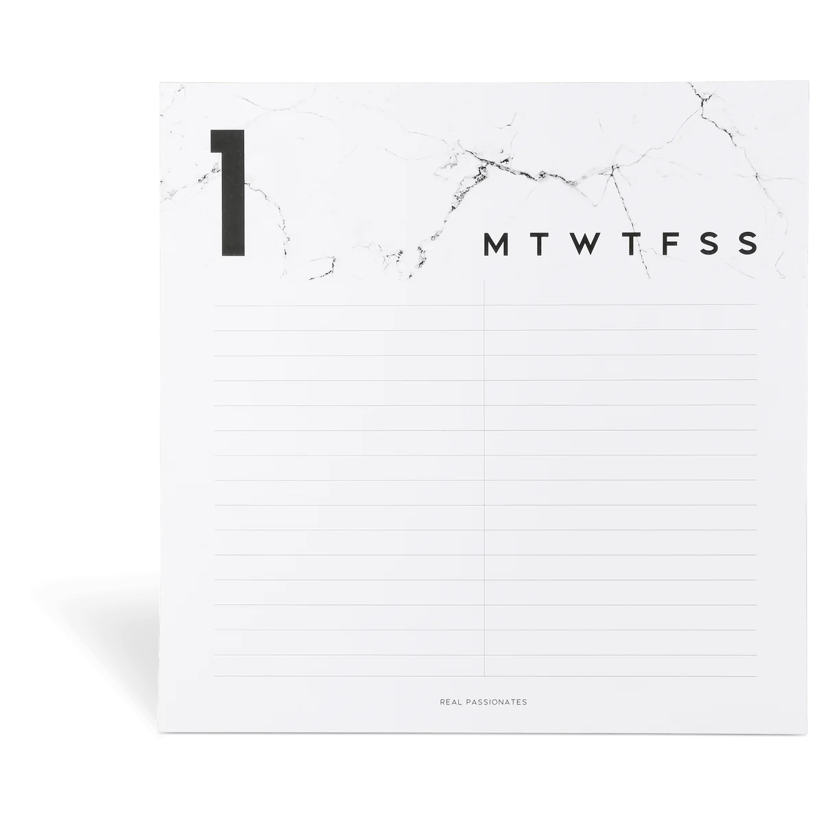 Weißer Kalender mit schwarzer "1" links, Wochentagen oben in Abkürzungen, leere linierte Seiten darunter.