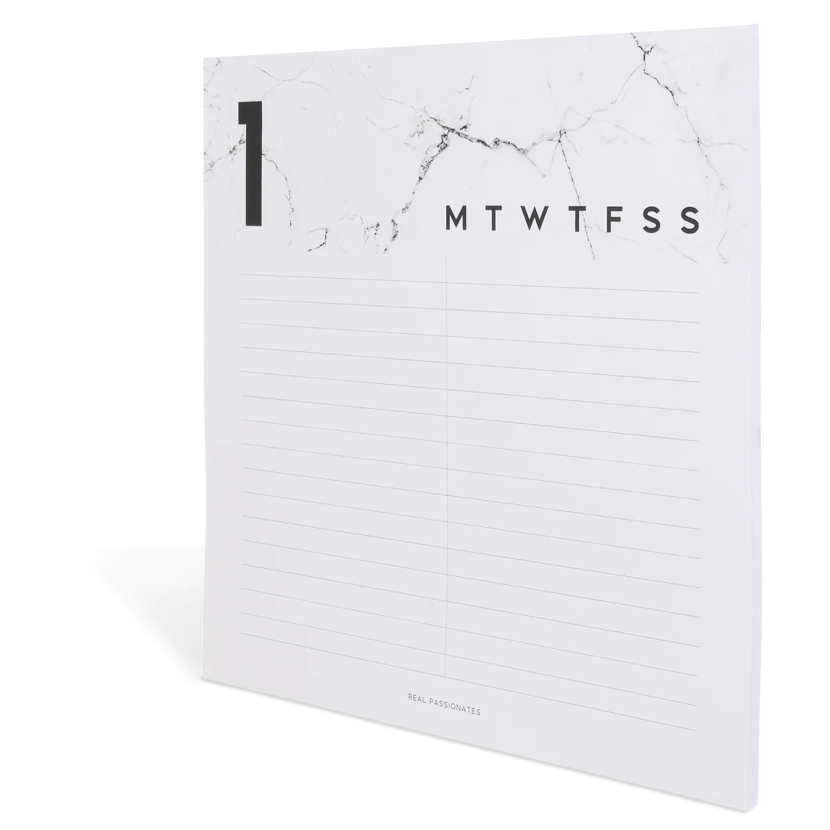 Minimalistischer Kalender mit Marmorhintergrund, der Wochentage MTWTFSS und die Zahl 1 zeigt.