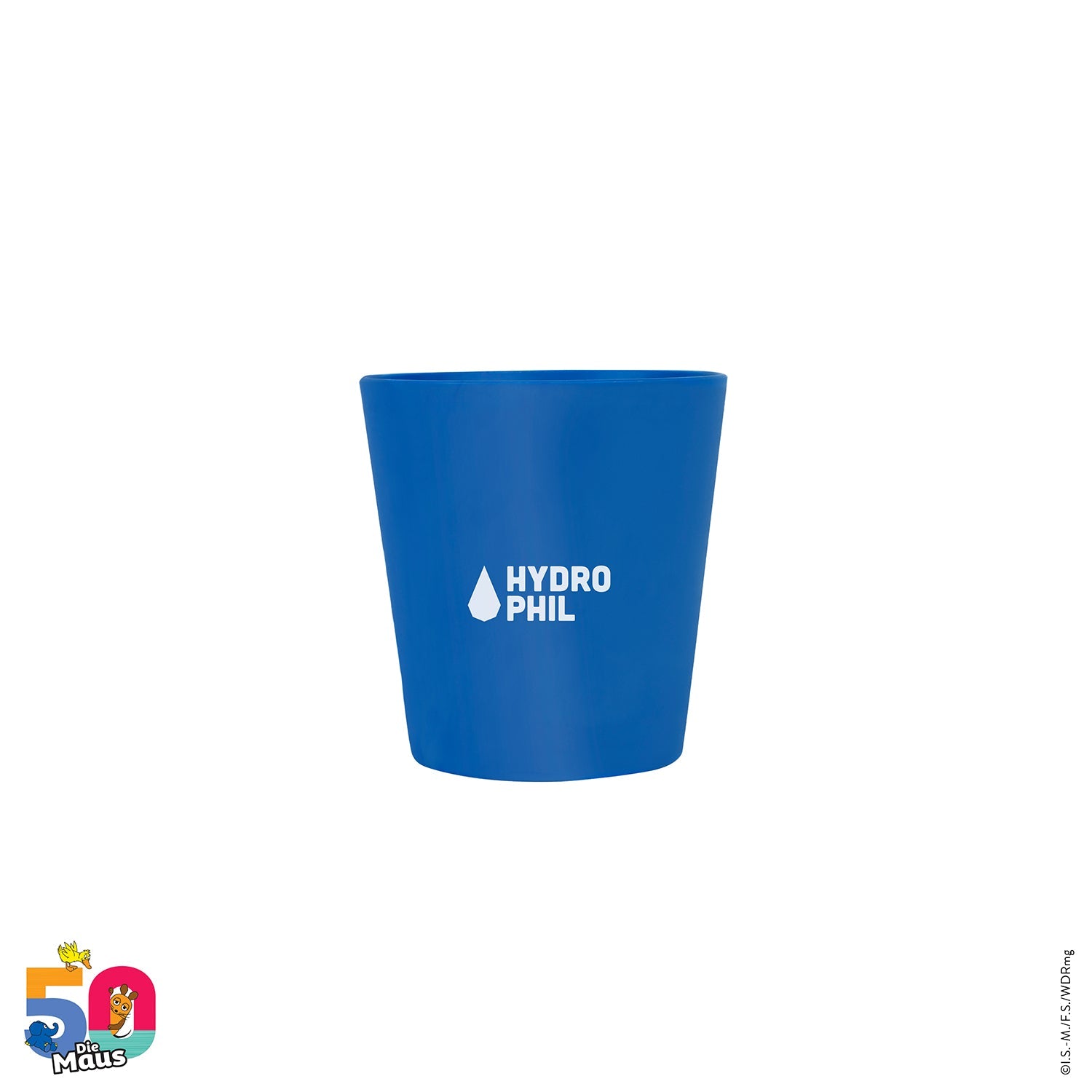 Blauer Becher mit der Aufschrift "Hydrophil" auf weißem Hintergrund, unten ein Logo zum 50-jährigen Jubiläum von "Die Maus".