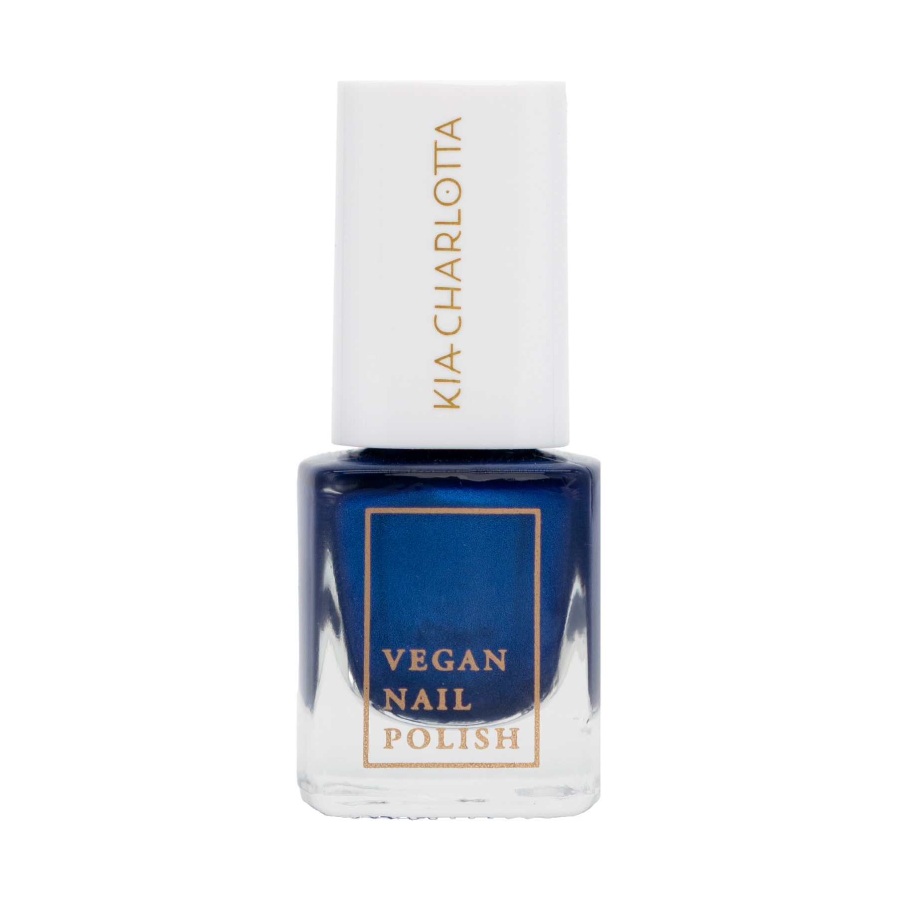 Eine Flasche mit dunkelblauem veganen Nagellack, auf der "Kia-Charlotta" steht.