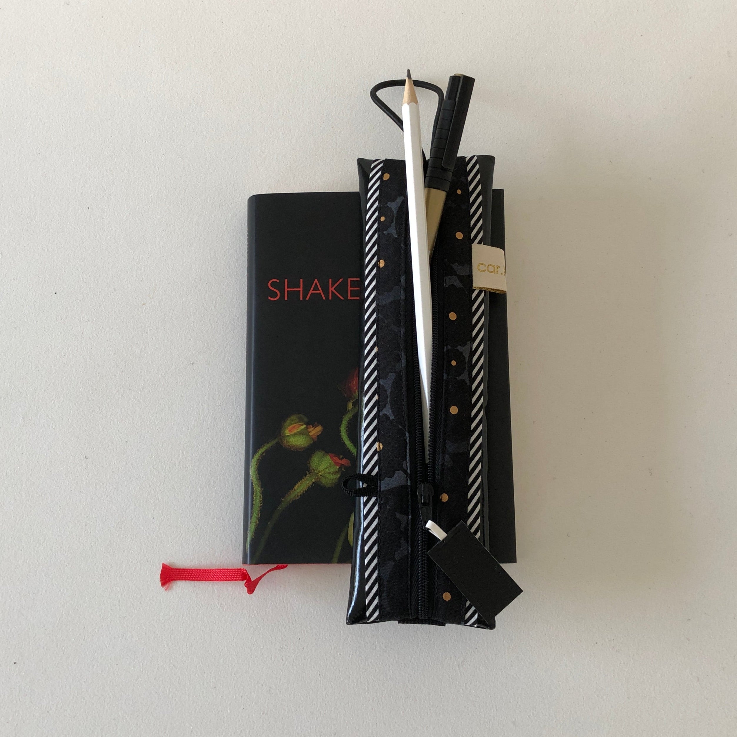 Ein schwarzes Buch mit dem Titel "SHAKE", darüber ein schwarz-weißes Etui mit Stiften, auf einem hellen Hintergrund.