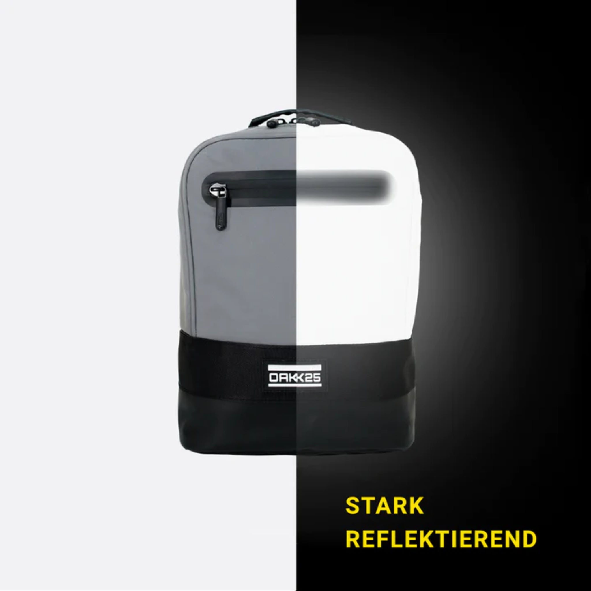 Grauer Rucksack mit reflektierender rechter Hälfte, Hintergrund links weiß, rechts schwarz, Text: "STARK REFLEKTIEREND".