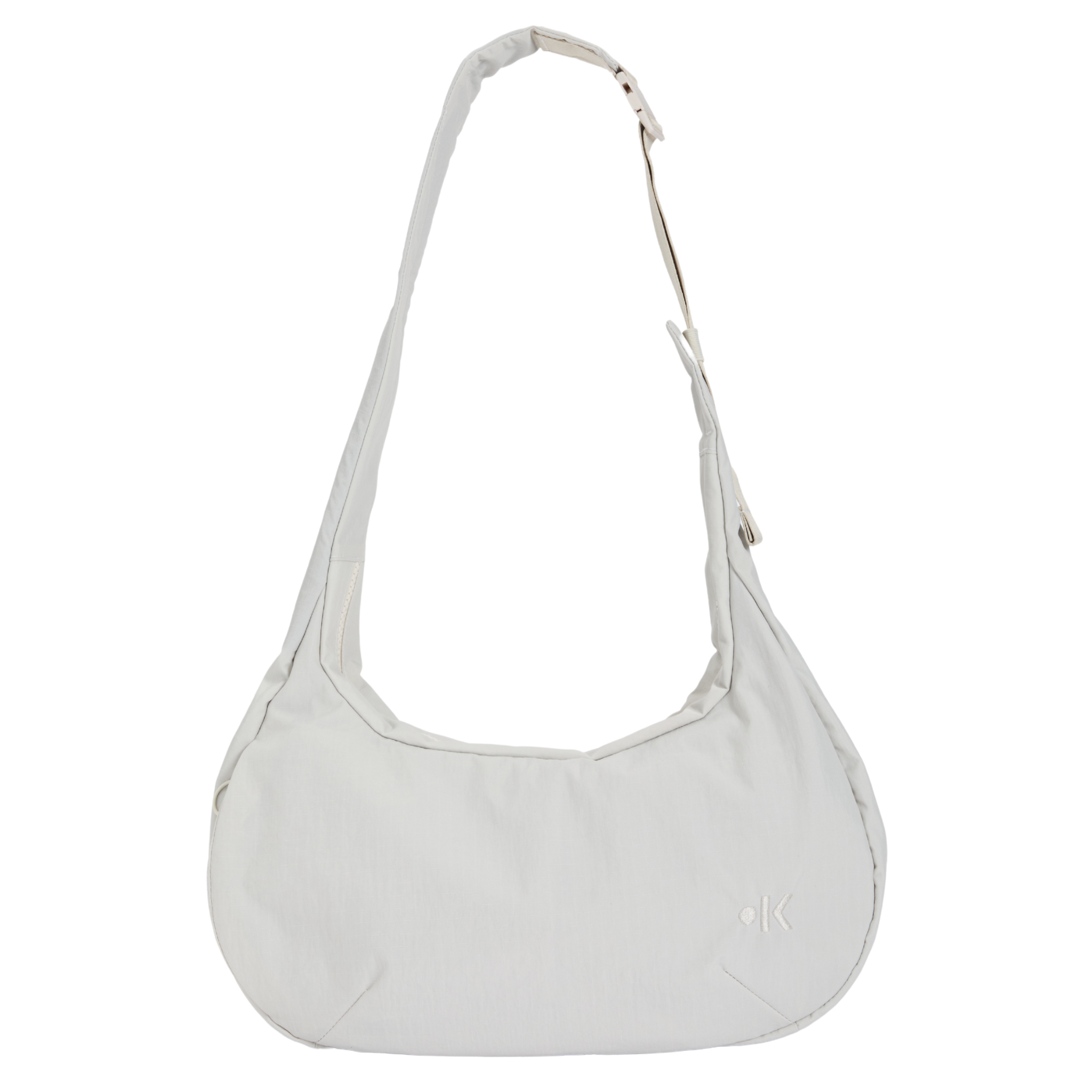Weiße Umhängetasche mit ovaler Form und verstellbarem Schulterriemen.