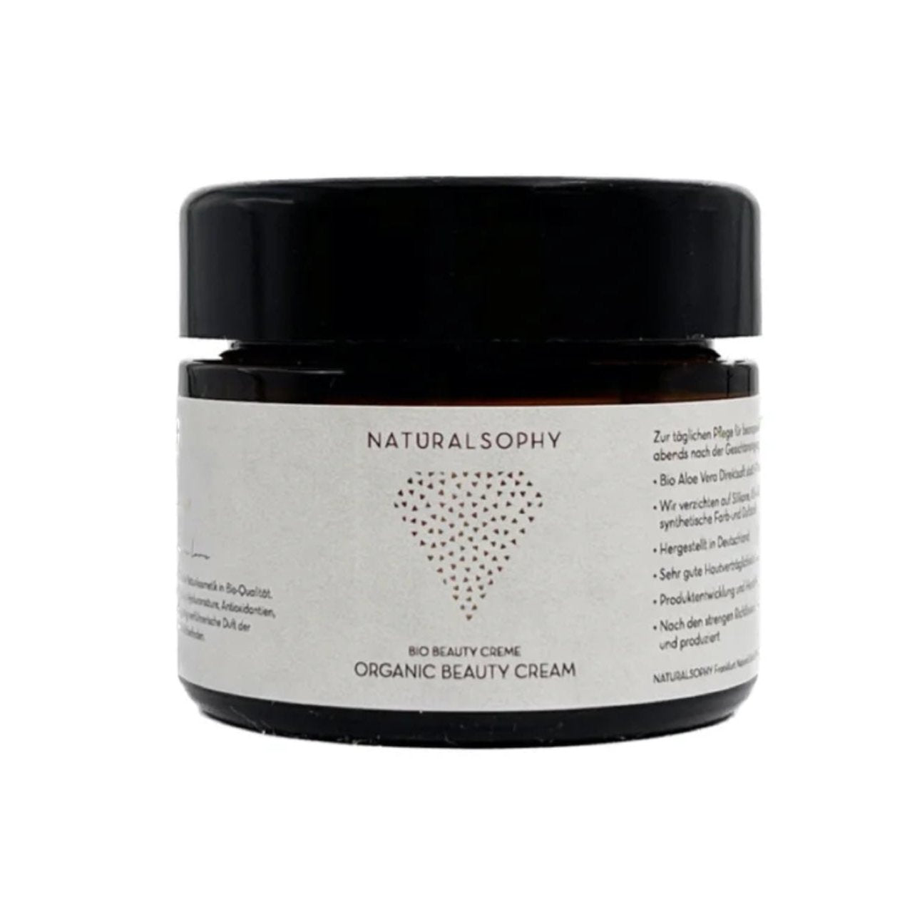 Braunes Glasgefäß mit schwarzem Deckel, beschriftet mit "NATURALSOPHY Organic Beauty Cream".