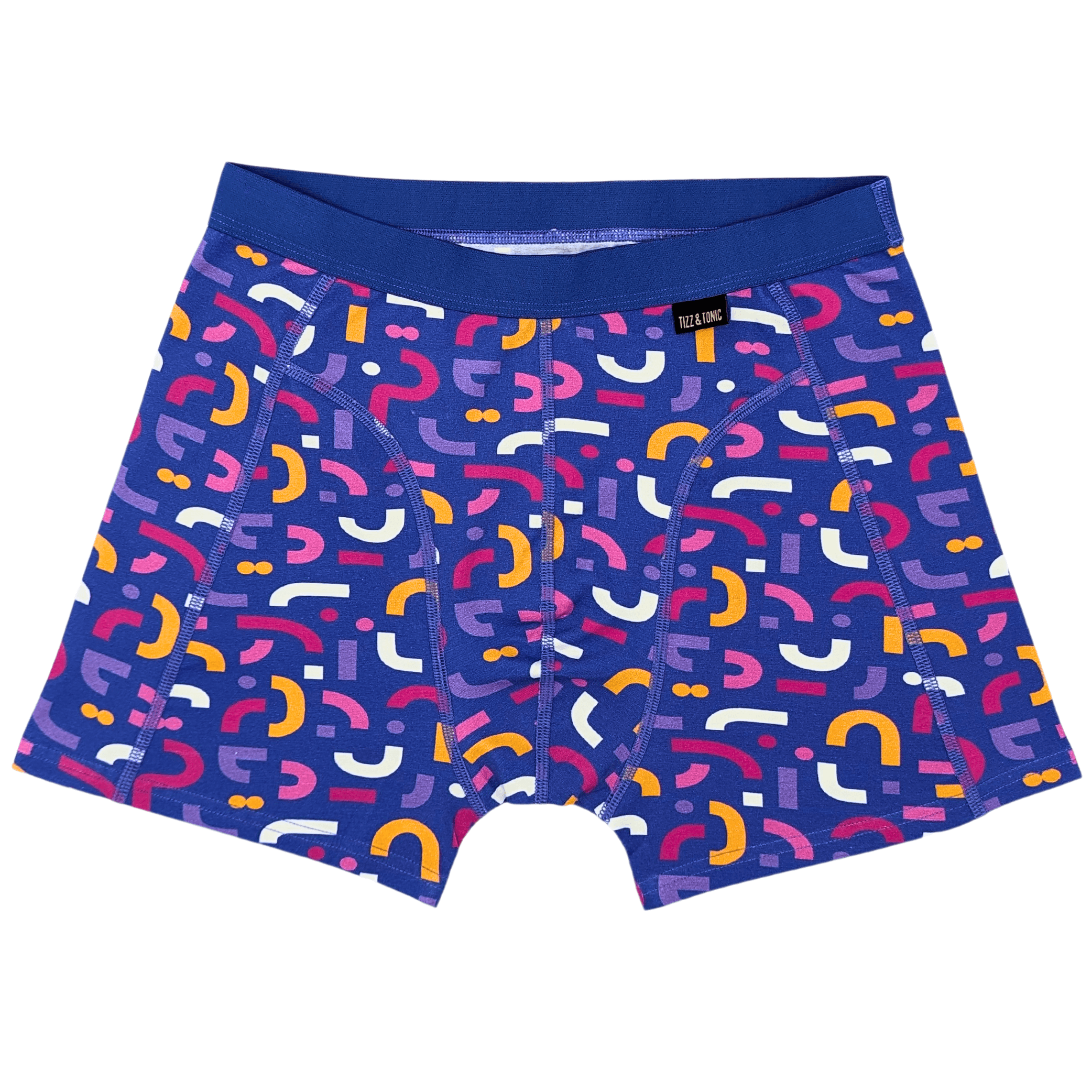 Blaue Boxershorts mit buntem abstraktem Muster in Gelb, Pink, Lila und Weiß, vor weißem Hintergrund.