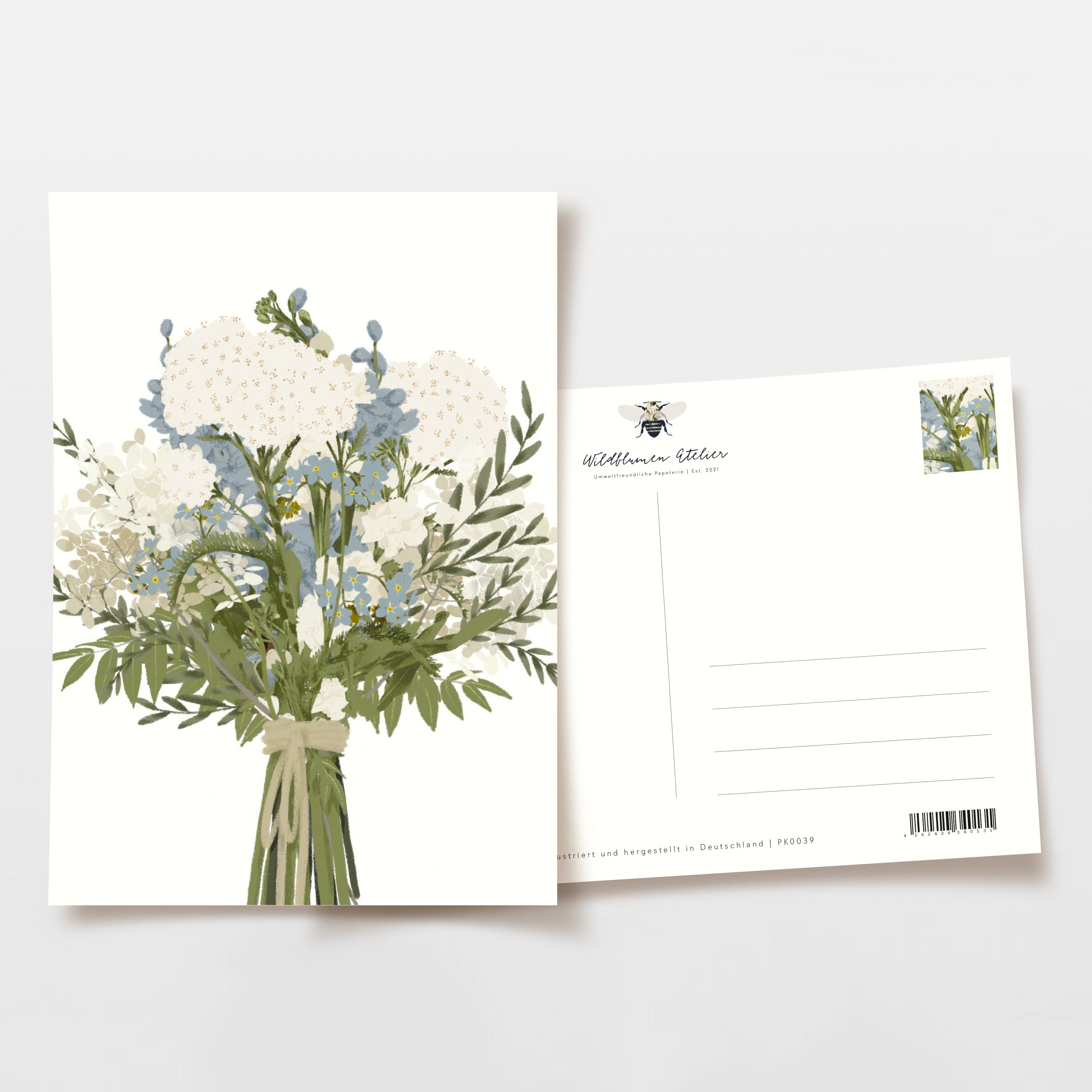 Zwei Postkarten: eine mit einem floralen Bouquet-Design, die andere mit einer Bienen-Illustration und leeren Adressfeldern.