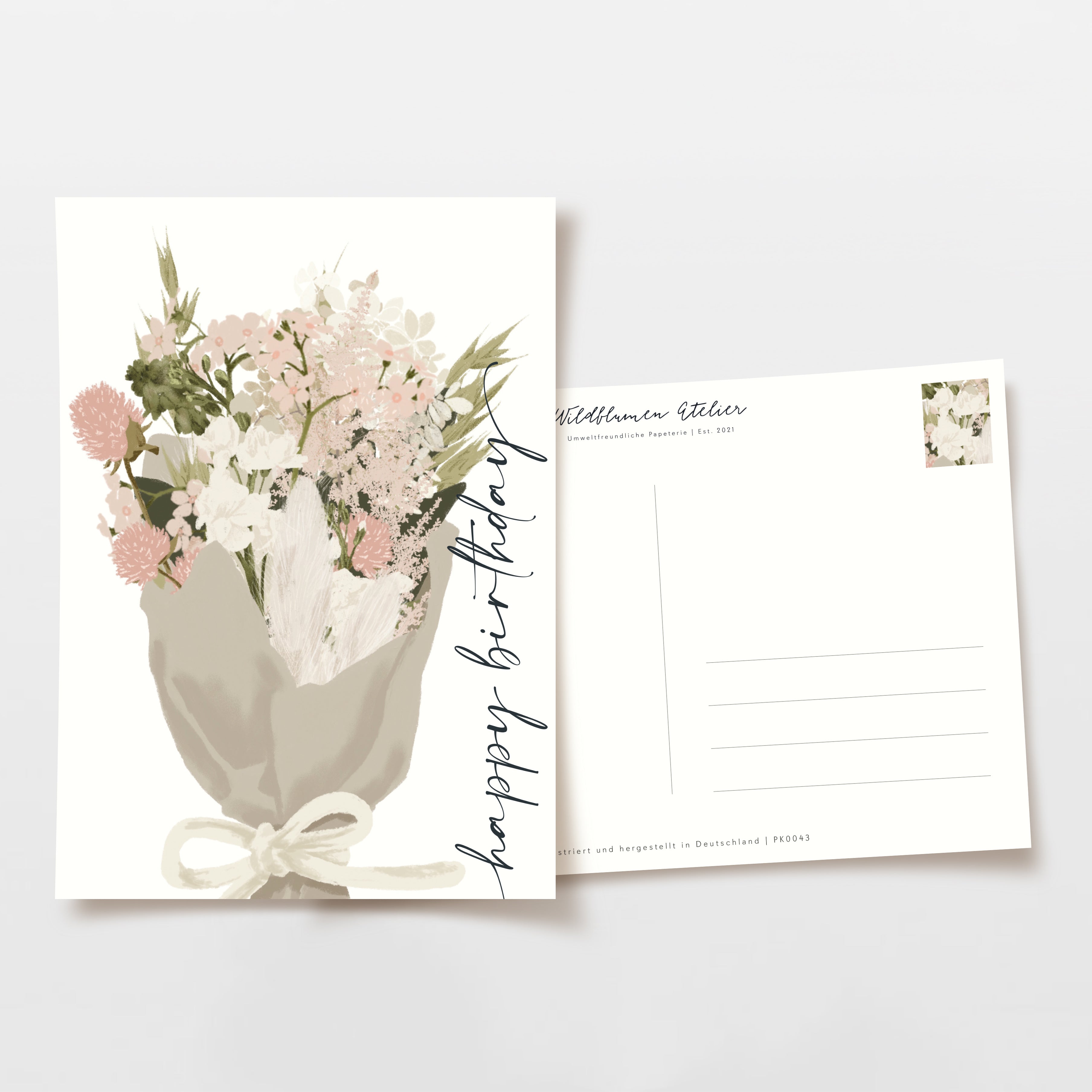 Illustration einer Geburtstagskarte mit Blumenstrauß und "happy birthday"-Schriftzug, daneben eine leere Rückseite.
