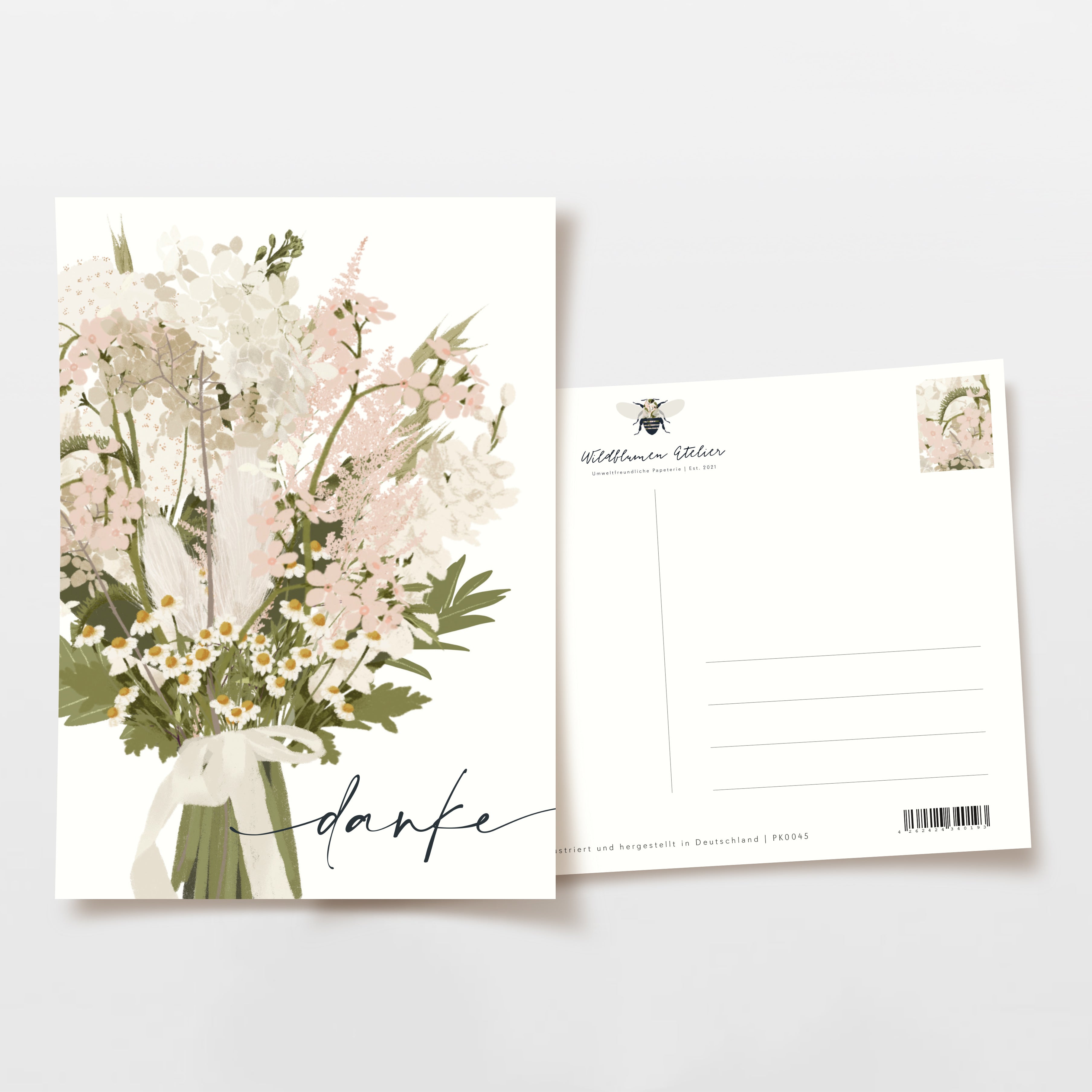 Dankeskarte mit Blumenstrauß-Illustration und leere Rückseite.