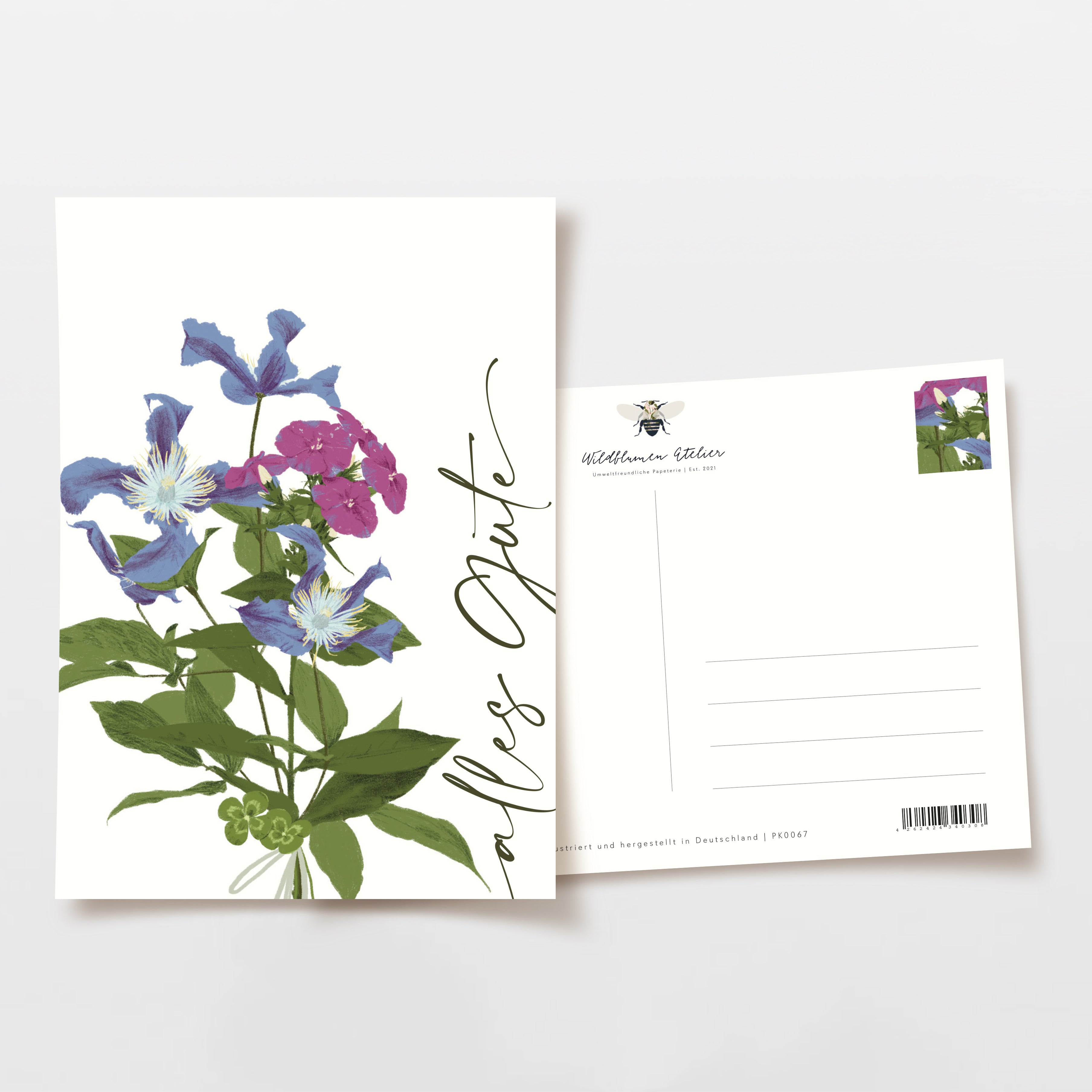 Grußkarte mit blauen und rosa Blumen, dekorativem Schriftzug "alles Gute" und leerem Bereich für eine Nachricht.