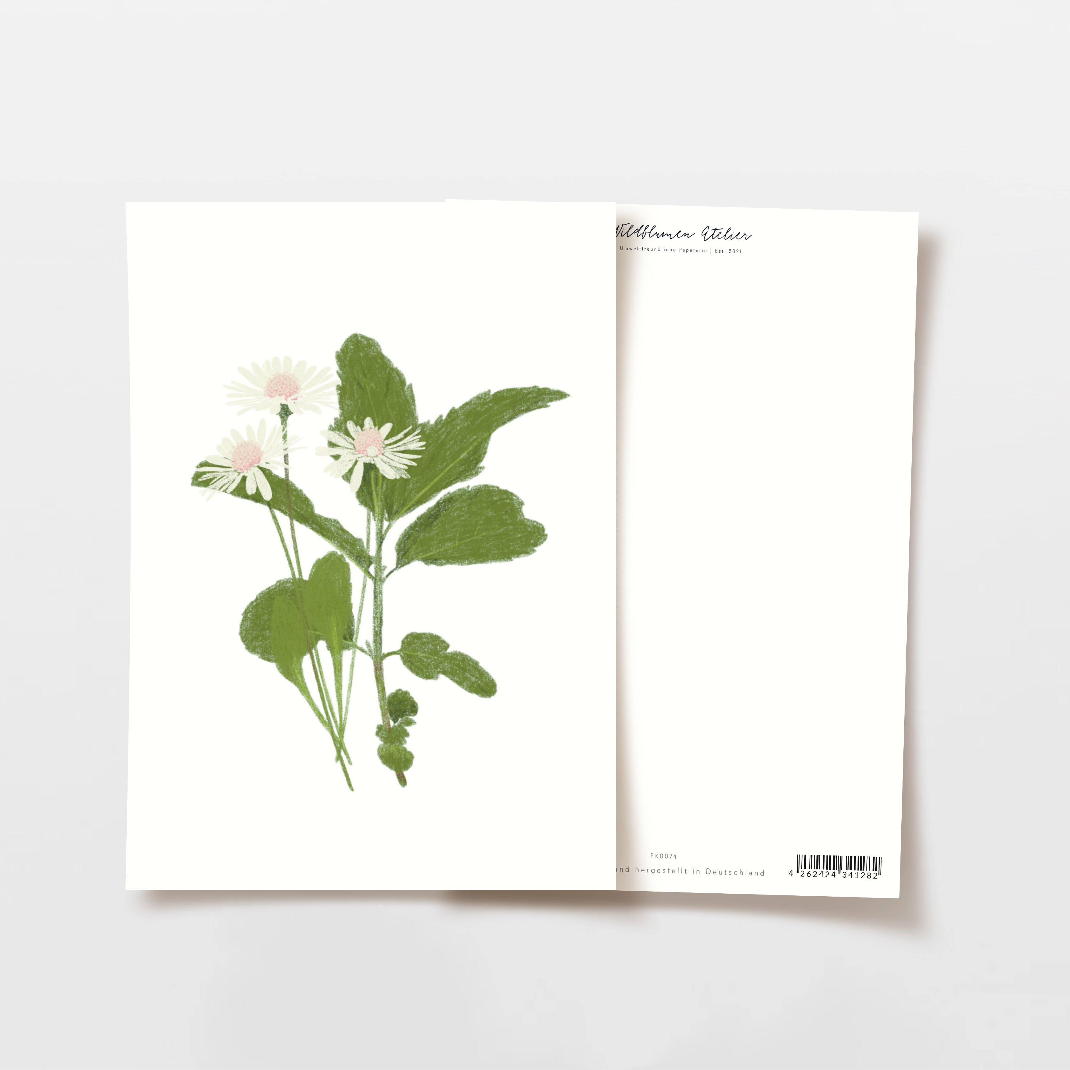 Zwei Postkarten mit einer Illustration von weißen Blumen mit grünen Blättern, eine Vorder- und eine Rückseite zeigend.