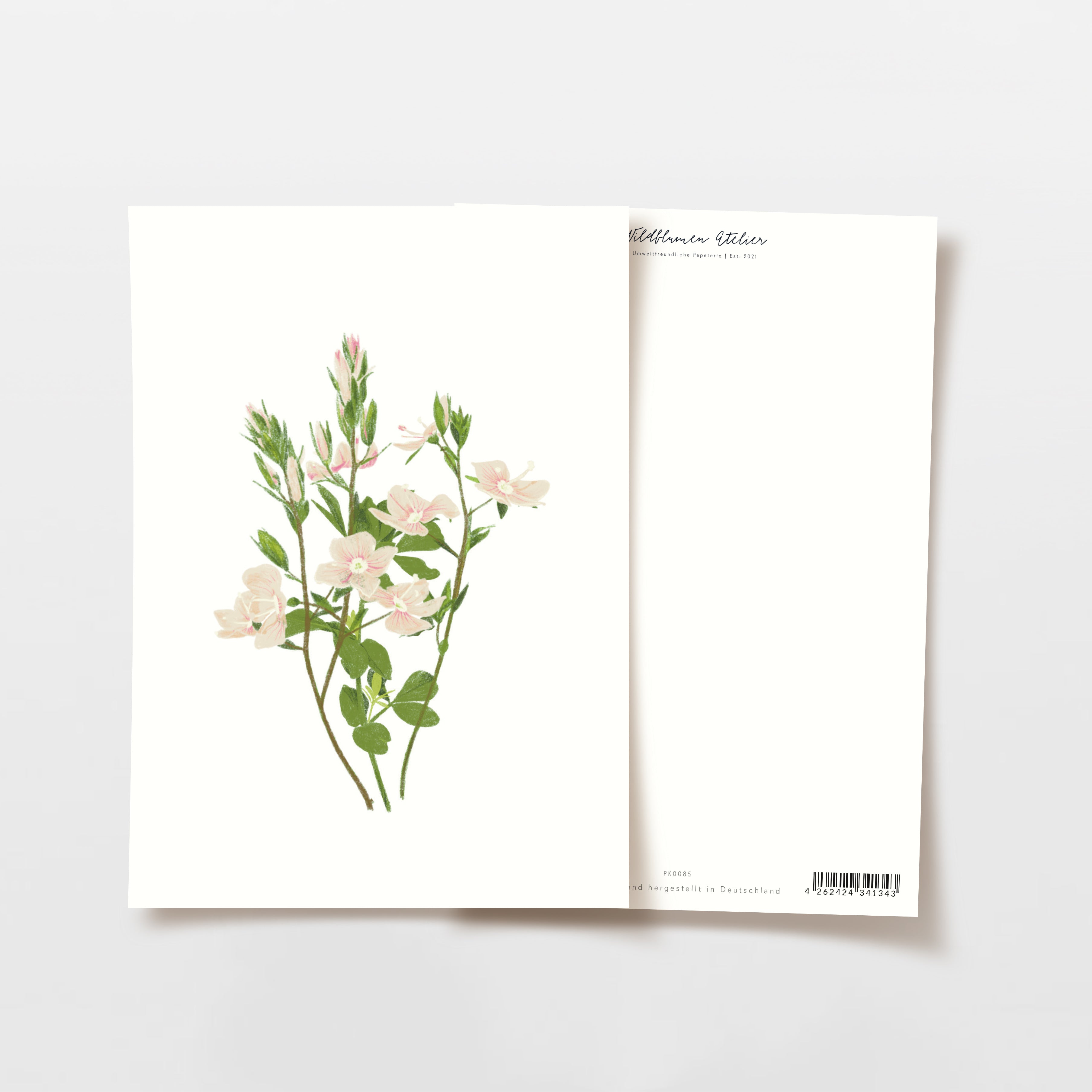 Zwei Karten auf einem Tisch, eine mit einer Blumenillustration und die andere mit einem Bogen Text oben.