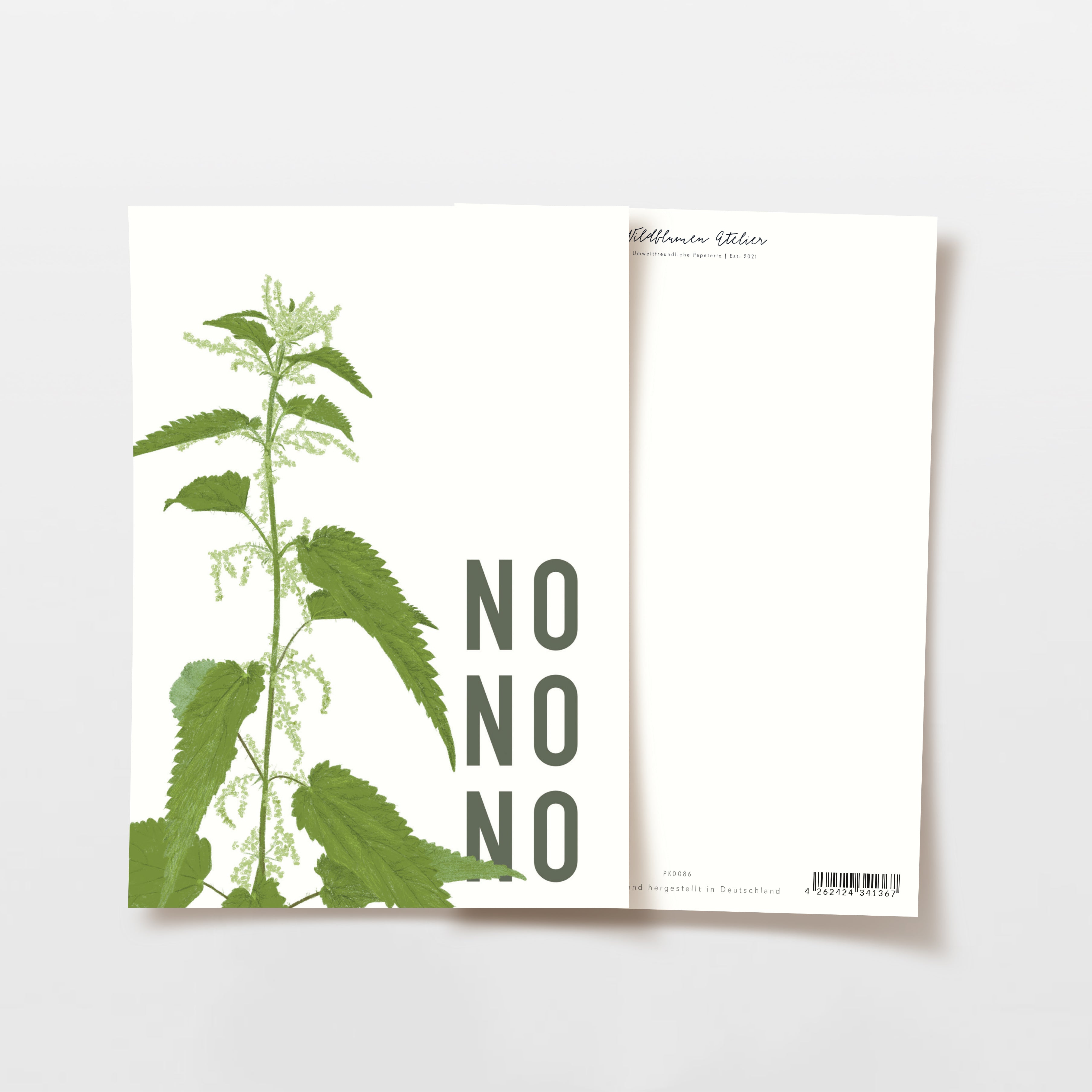 Karte mit einem Brennnesselbild und dem Text "NO NO NO" in großen Buchstaben auf der Vorderseite.