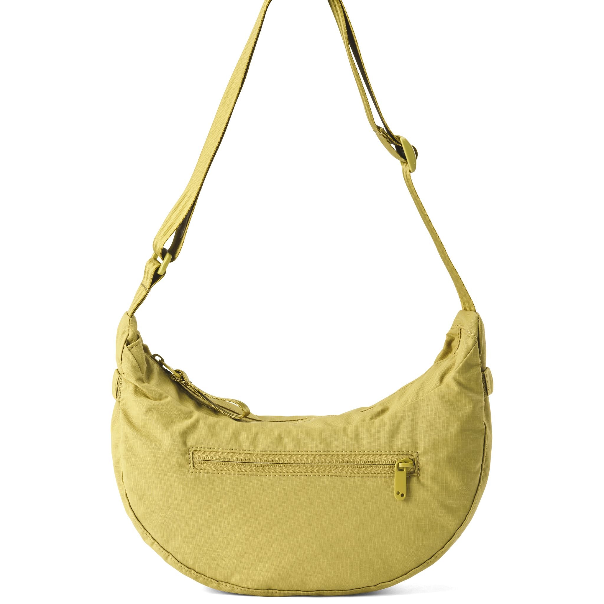Gelbe, halbmondförmige Umhängetasche mit verstellbarem Riemen und Frontreißverschlusstasche.