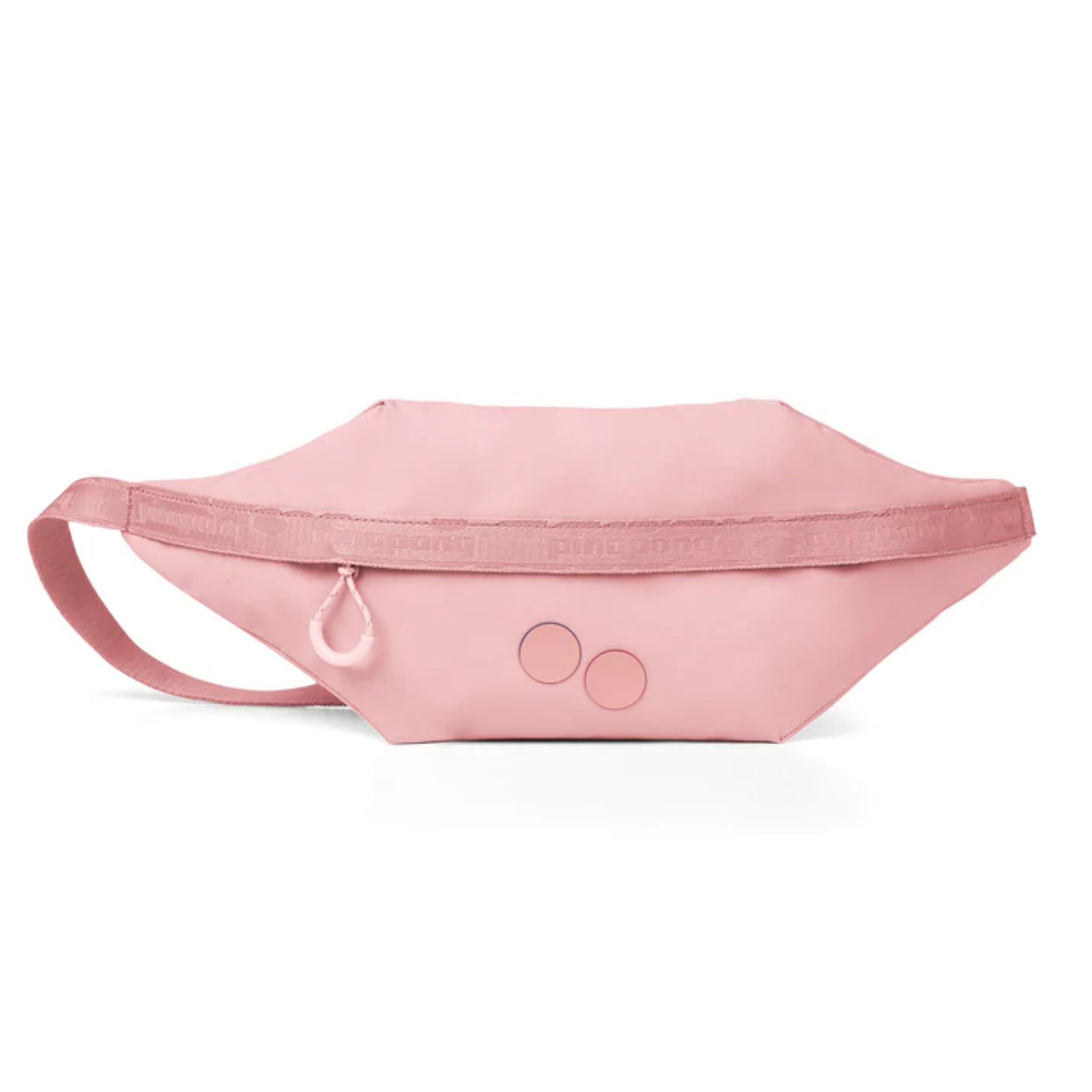 Eine hellrosa Hüfttasche mit Reißverschluss, verstellbarem Riemen und zwei kleinen rosa Kreisen auf der Vorderseite.