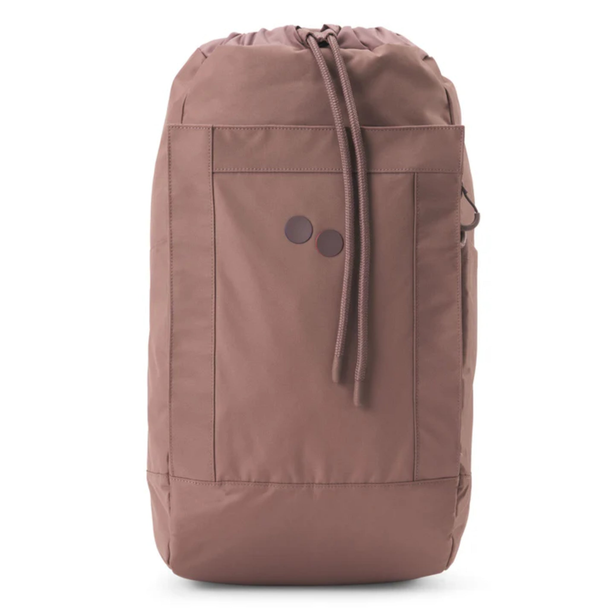 Ein mauvefarbener Rucksack mit Kordelzug, zwei kleinen dunklen Kreisen auf der Vordertasche, einfachem Design und ohne sichtbares Branding.