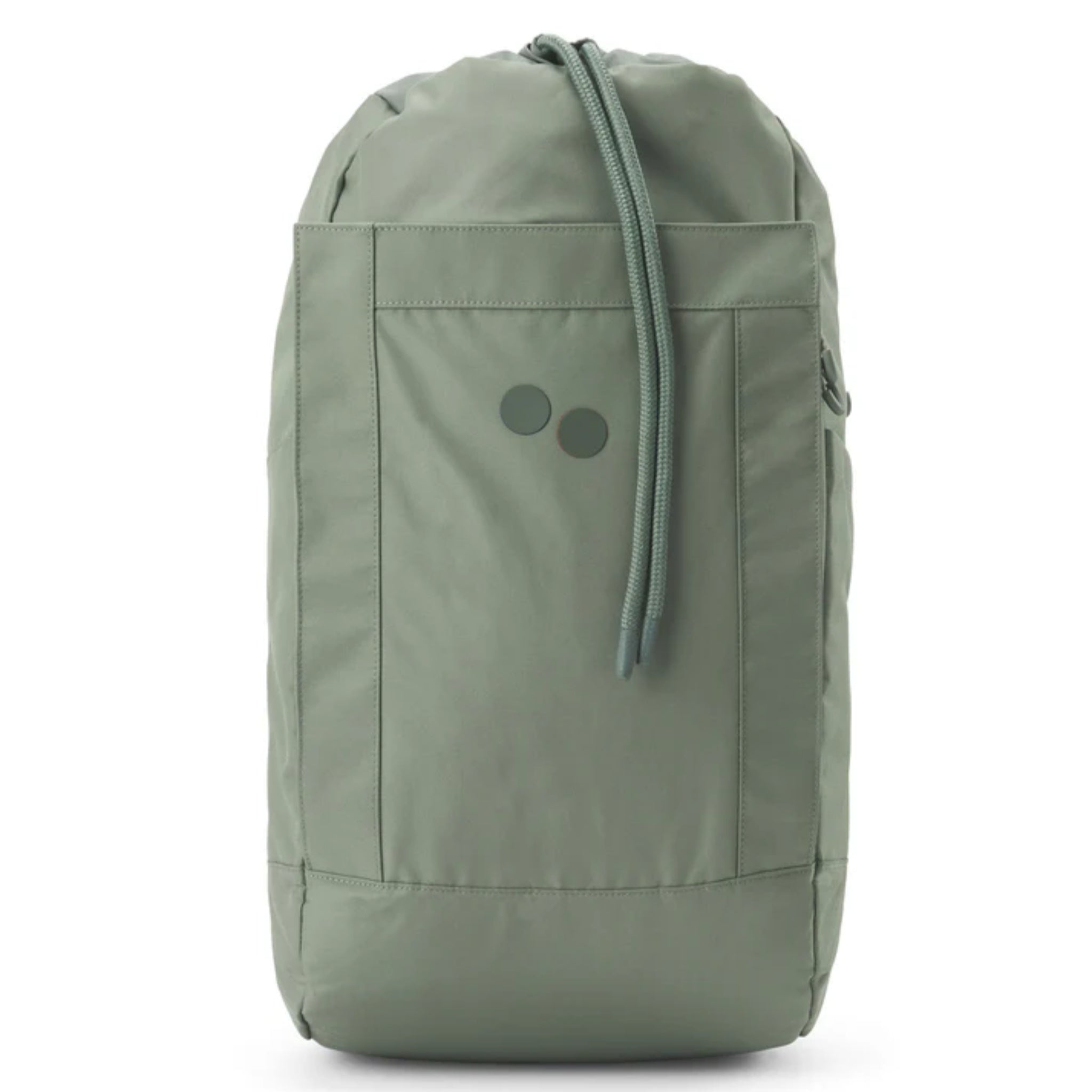 Ein minimalistischer hellgrüner Rucksack mit Kordelzugverschluss und zwei kleinen runden Punkten auf der Vordertasche. Das Design ist einfach und schlank, ohne sichtbare Logos oder zusätzliche Verzierungen.