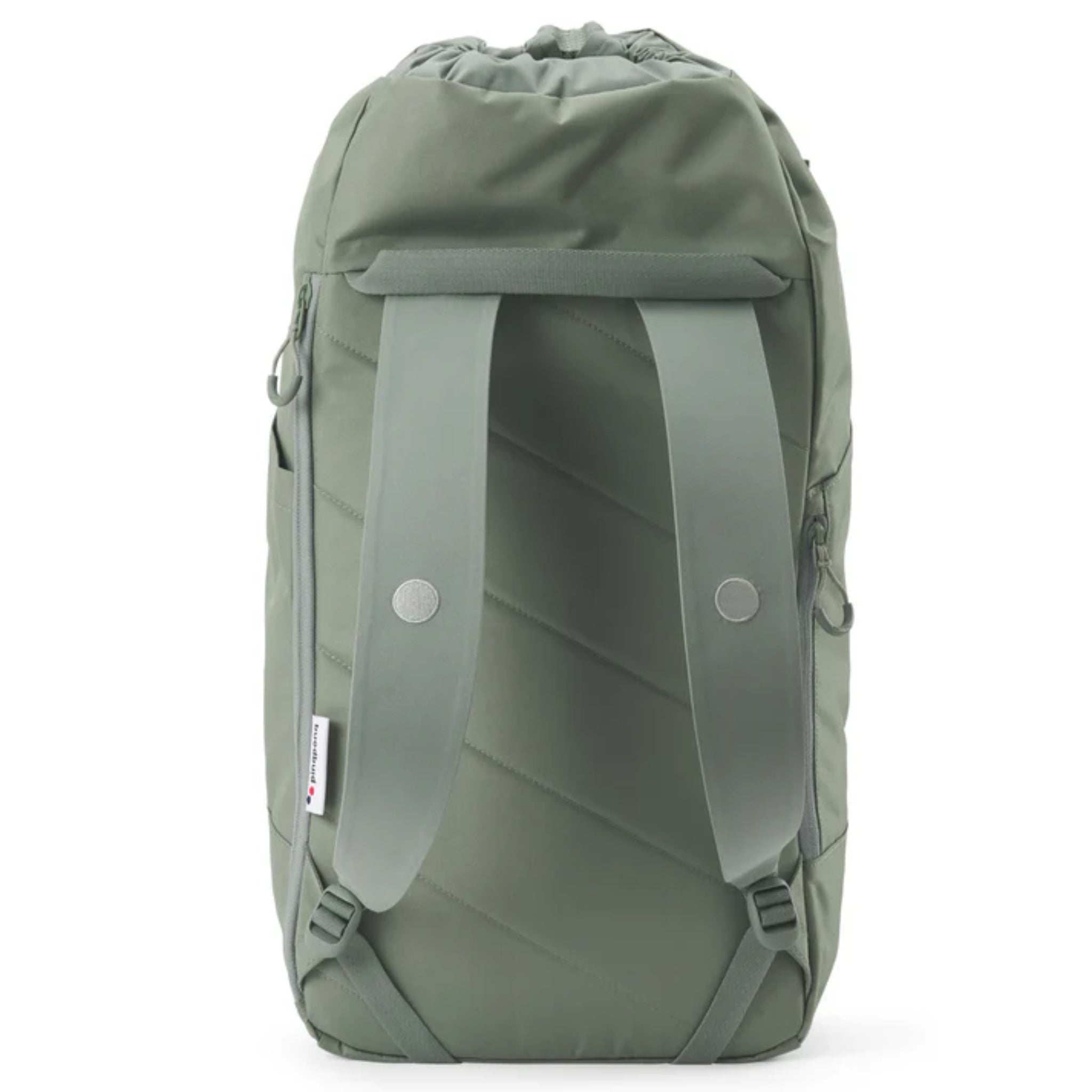 Ein hellgrüner Rucksack, von hinten gesehen, mit gepolsterten, verstellbaren Schulterriemen, einem Griff an der Oberseite und einem Kordelzugverschluss an der Oberseite. Das Material wirkt glatt und leicht strukturiert.