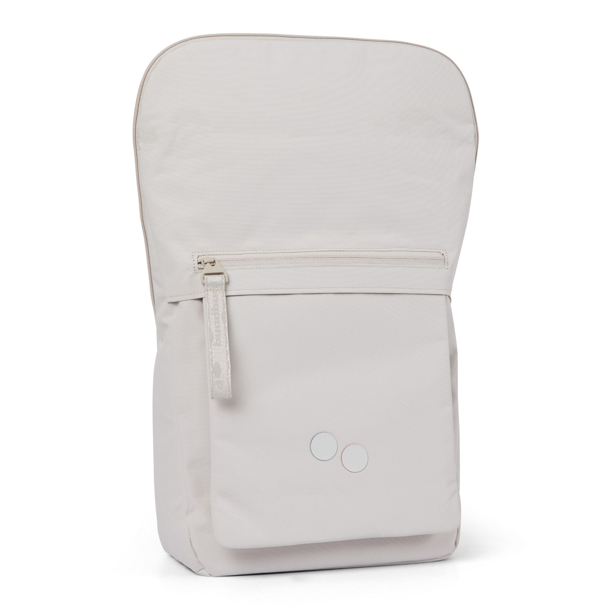 Hellgrauer Rucksack mit Reißverschluss und zwei Kreisen auf der Vorderseite.
