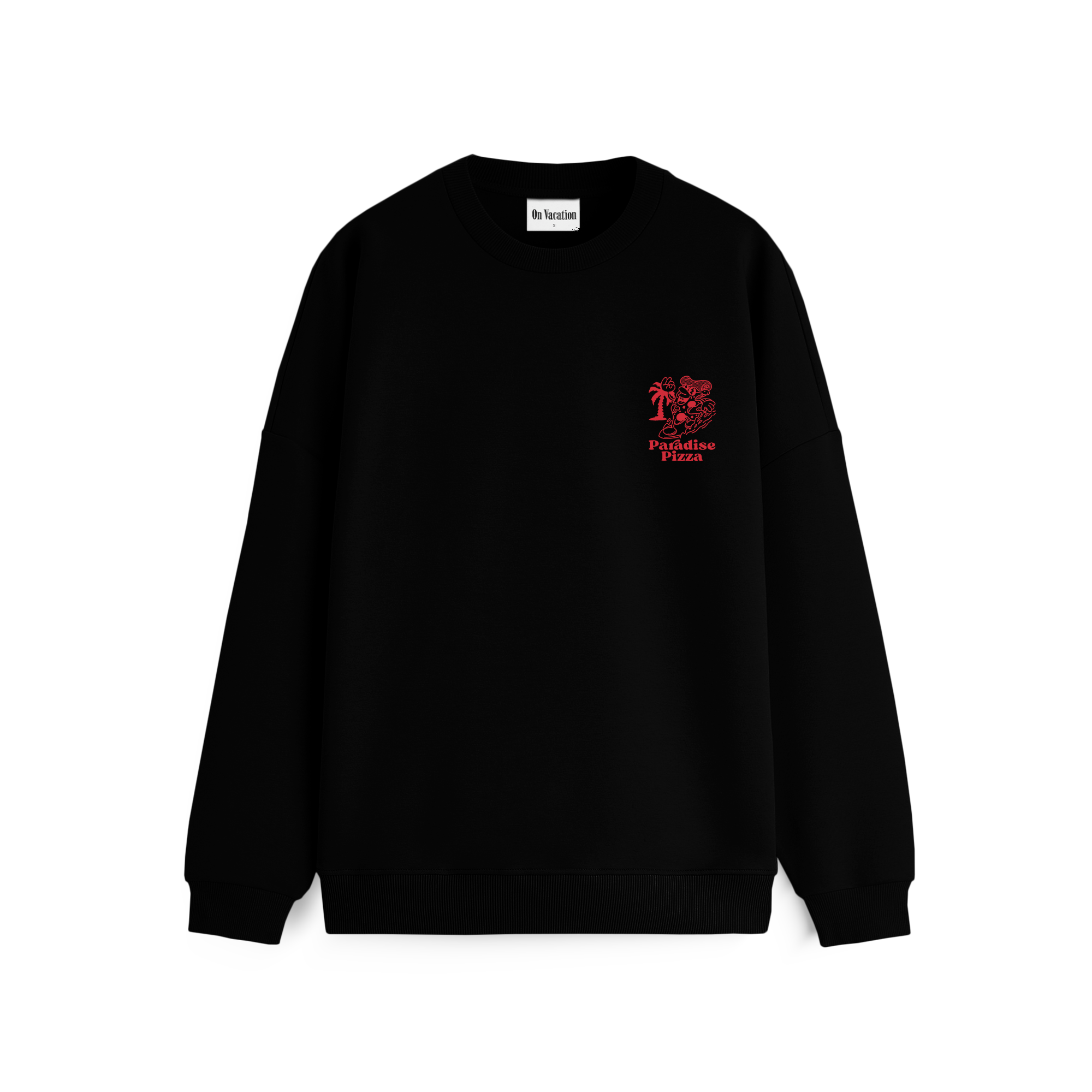 Ein schwarzes Sweatshirt mit Rundhalsausschnitt mit einer kleinen roten Grafik und dem Schriftzug Piccolina Pizza auf der linken Brustseite.