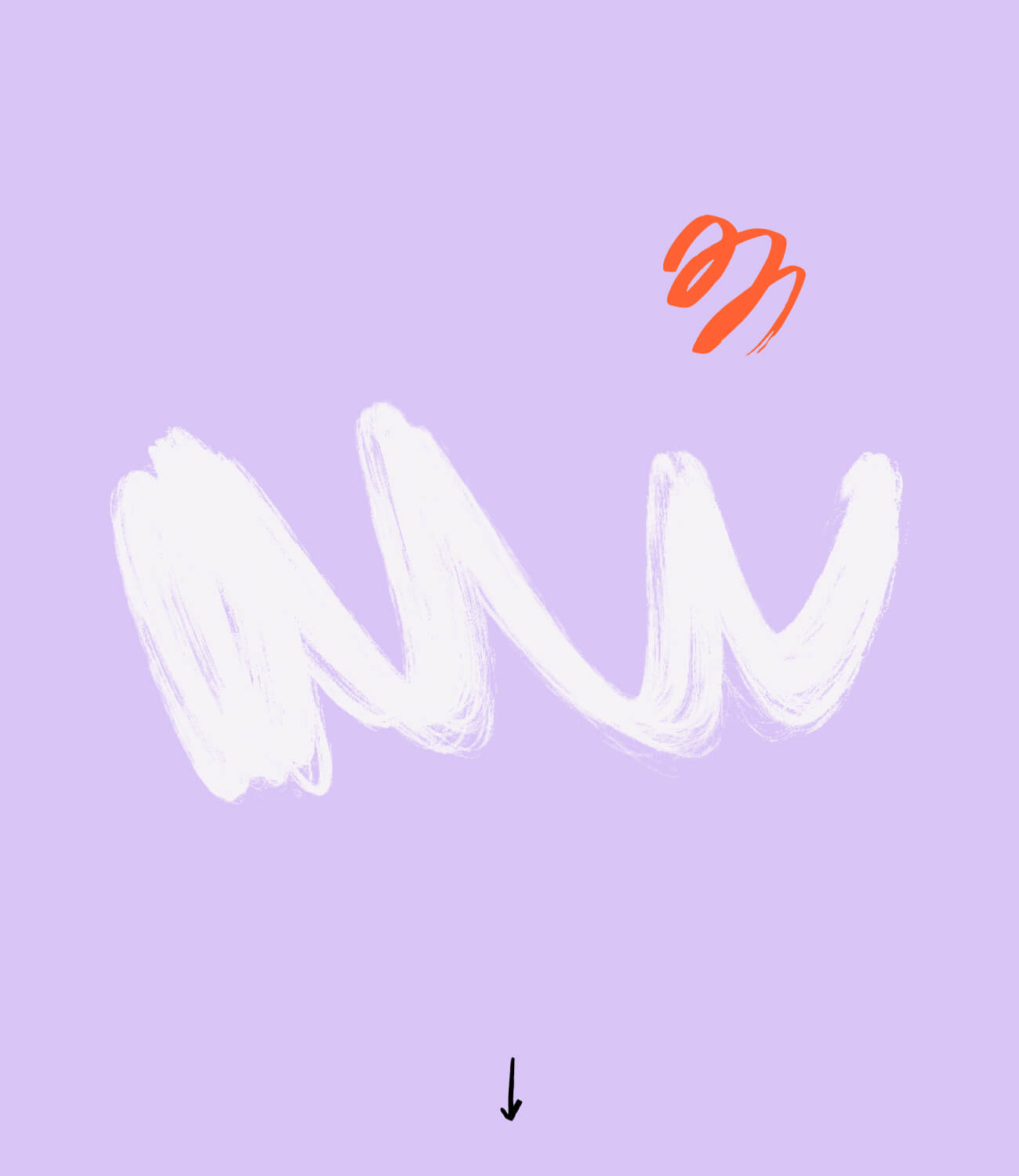 Abstrakte weiße und orange Pinselstriche auf lila Hintergrund mit einem kleinen schwarzen Pfeil nach unten.