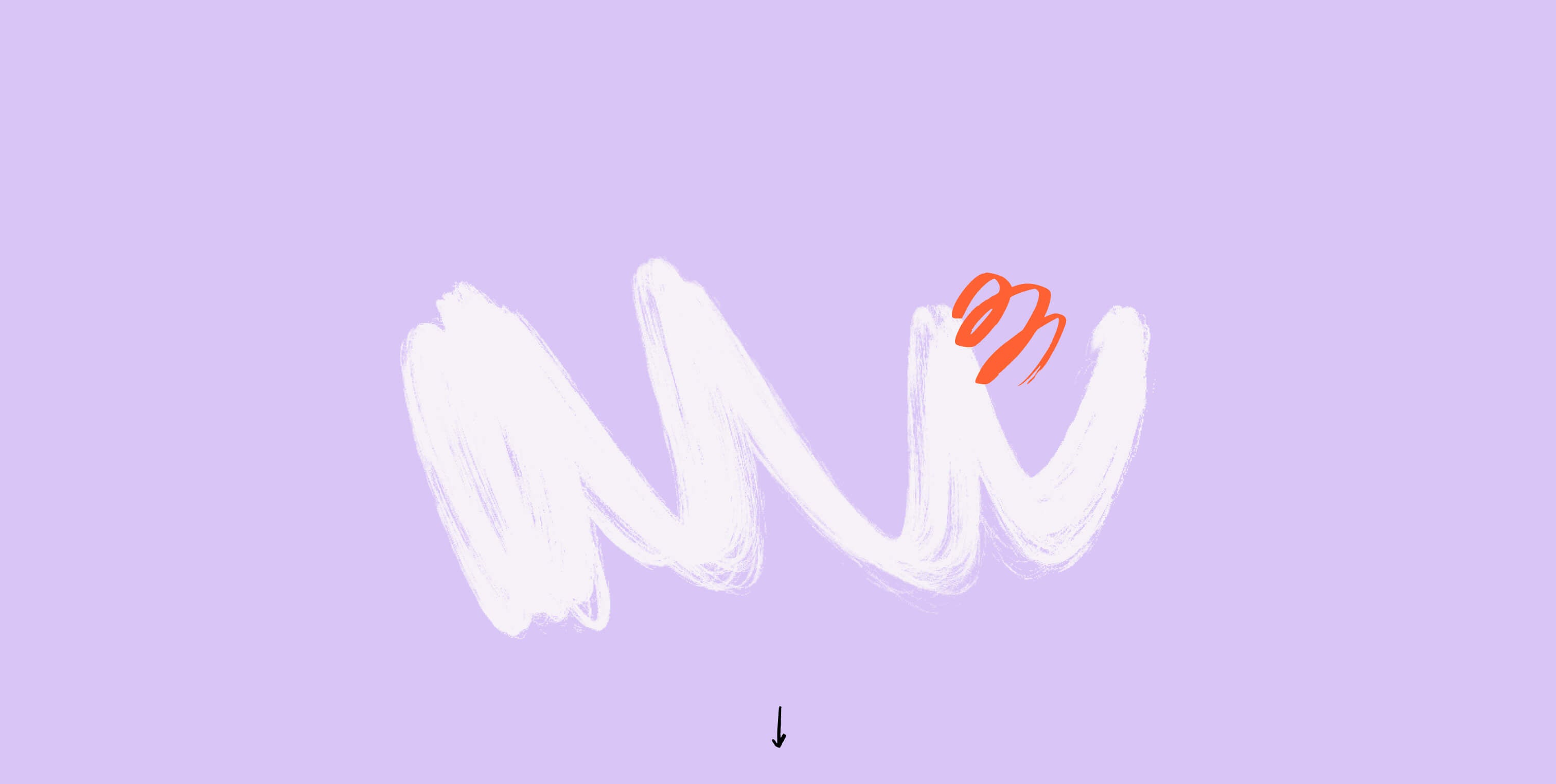 Weiße, wellenförmige Linie auf lila Hintergrund mit kleinen orangefarbenen Akzenten. Darunter ein kleiner schwarzer Pfeil.