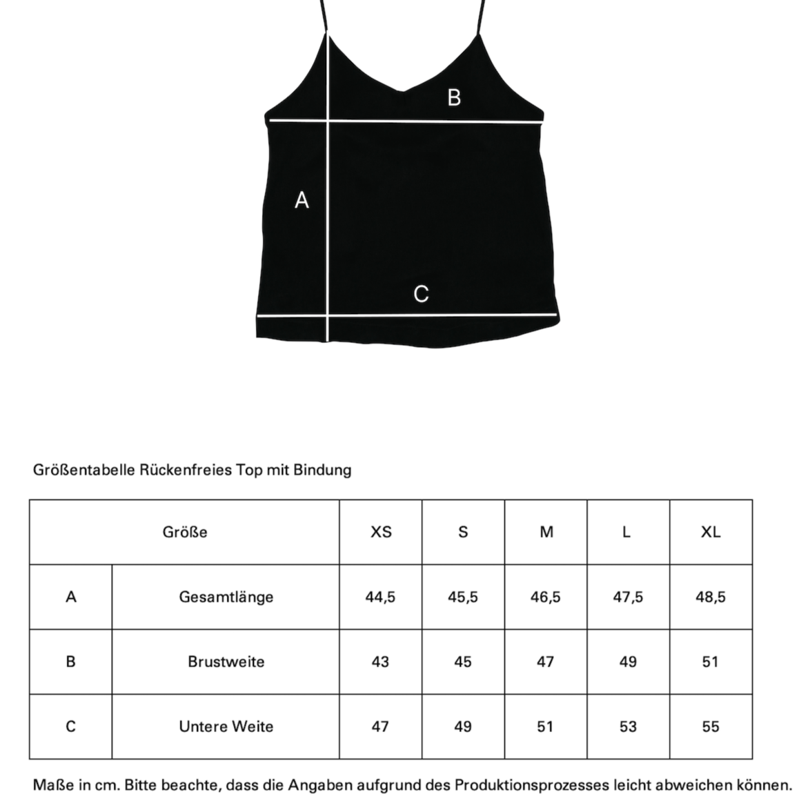 Größentabelle für ein rückenfreies Top mit Abbildung der Maße: Gesamtlänge, Brustweite, untere Weite in cm.