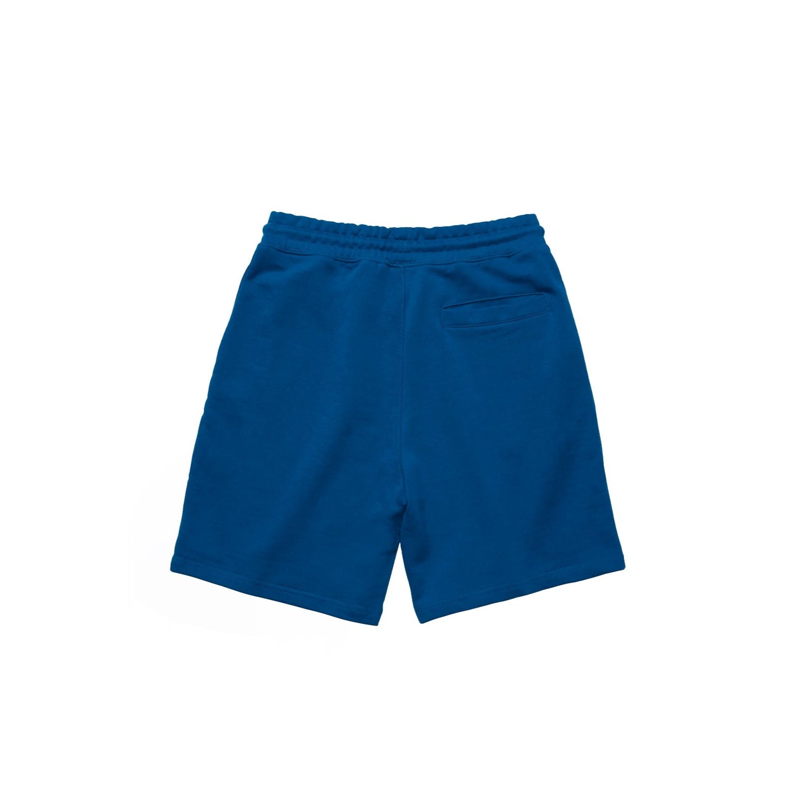 Ein Paar blaue Shorts mit einem elastischen Bund und einer einzigen Gesäßtasche auf weißem Hintergrund.