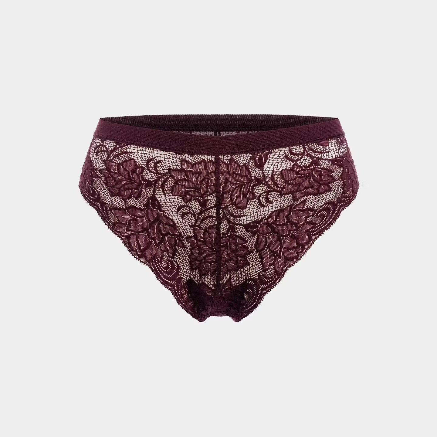 Weinrote Spitzenunterwäsche mit floralen Mustern auf hellem Hintergrund.