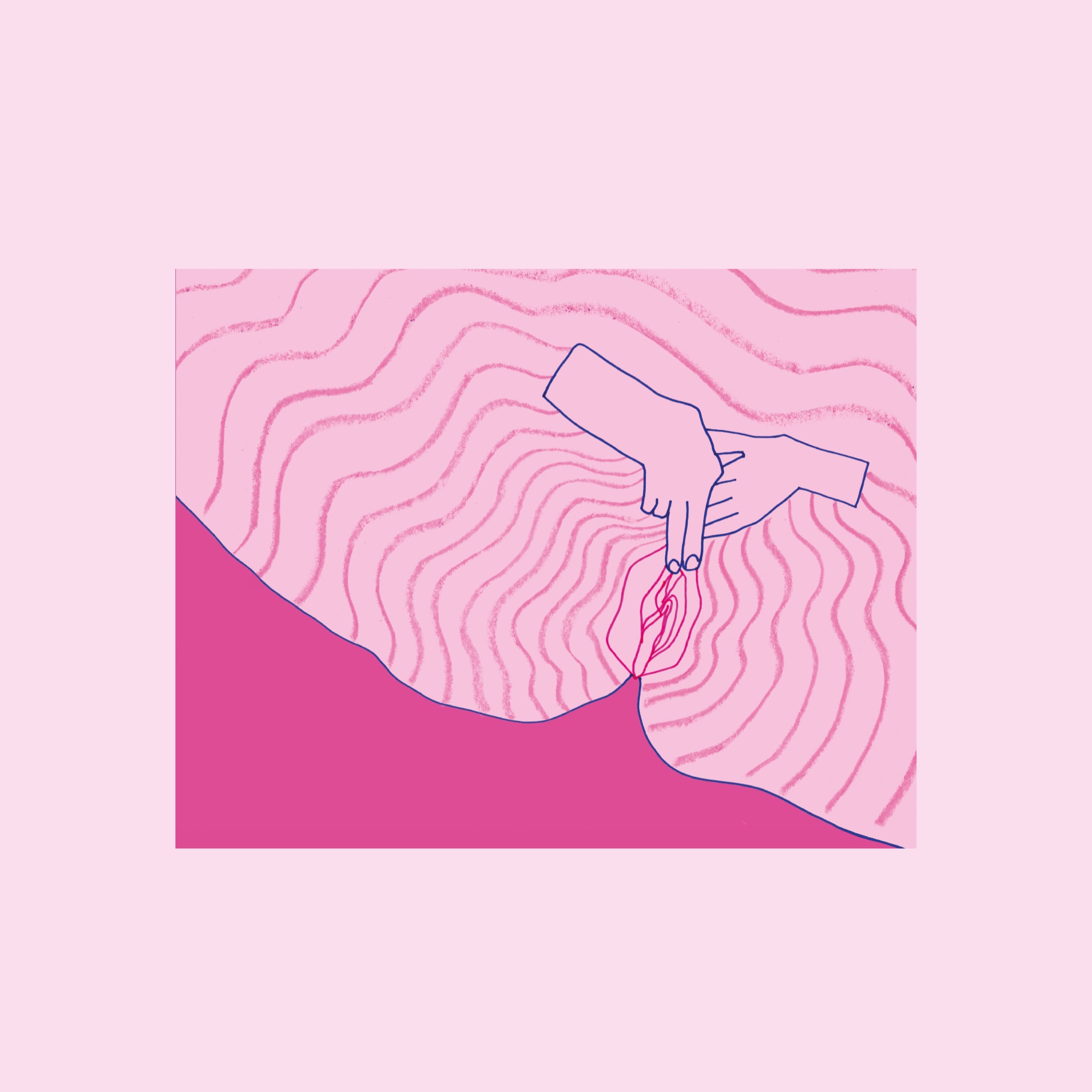 Eine minimalistische Illustration zeigt zwei Hände, die rosa Linien, die Schamhaare darstellen, scheiteln, um eine stilisierte Vulva, die rot umrandet ist, auf einem welligen, abstrakten rosa Hintergrund zu enthüllen.
