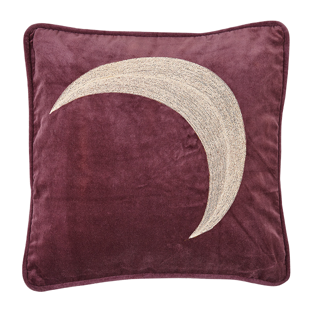 Weinrotes Kissen mit einem dekorativen beigen Halbmondmuster.