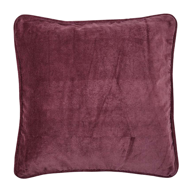 Bordeauxfarbenes Plüschkissen in quadratischer Form mit weicher Oberfläche.