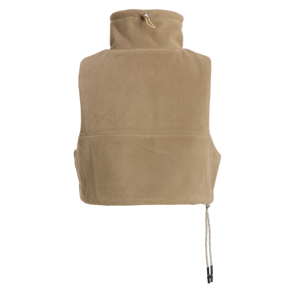 Ein hellbrauner Fleece-Halswärmer mit hohem Kragen und verstellbaren Kordelzügen oben und unten, der für Wärme und Komfort sorgt.