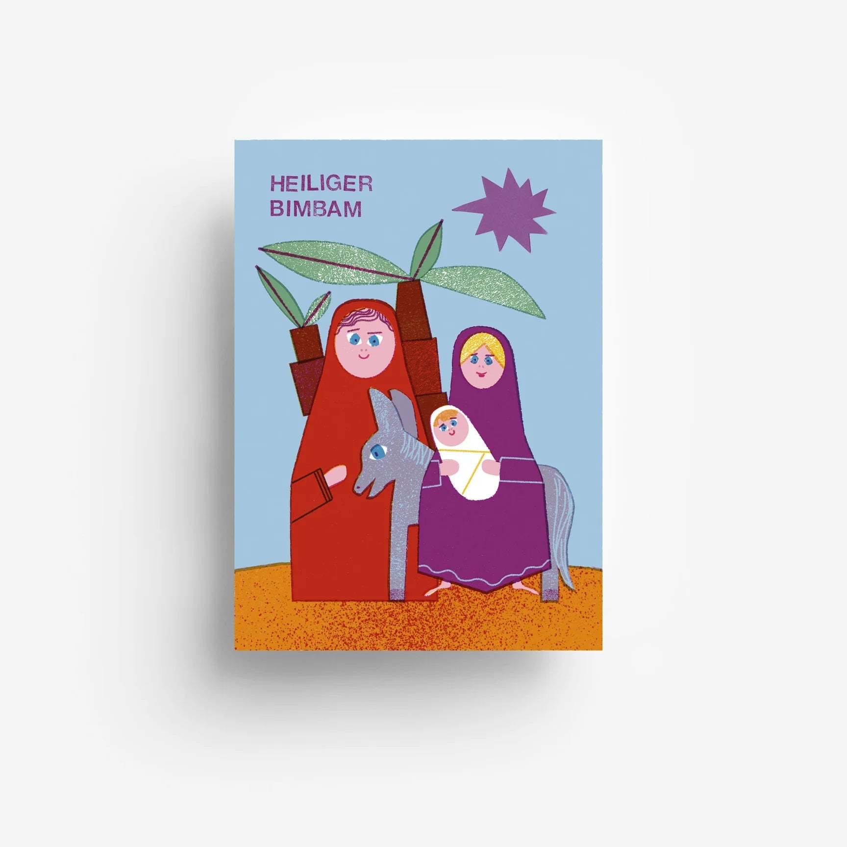 Eine stilisierte Illustration von Maria, Josef und dem Jesuskind auf einem Esel, mit Palmen und einem violetten Stern im Hintergrund. Der Text HEILIGER BIMBAM erscheint oben links.