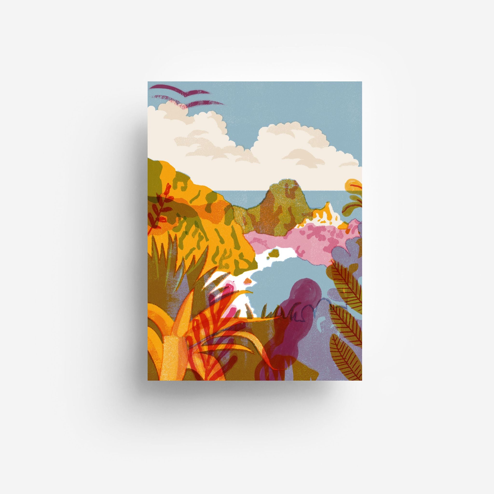 Eine farbenfrohe Illustration einer tropischen Landschaft mit lebhaften Pflanzen im Vordergrund, grünen Hügeln, einem gewundenen Fluss und fernen Bergen unter einem blauen Himmel mit flauschigen weißen Wolken.