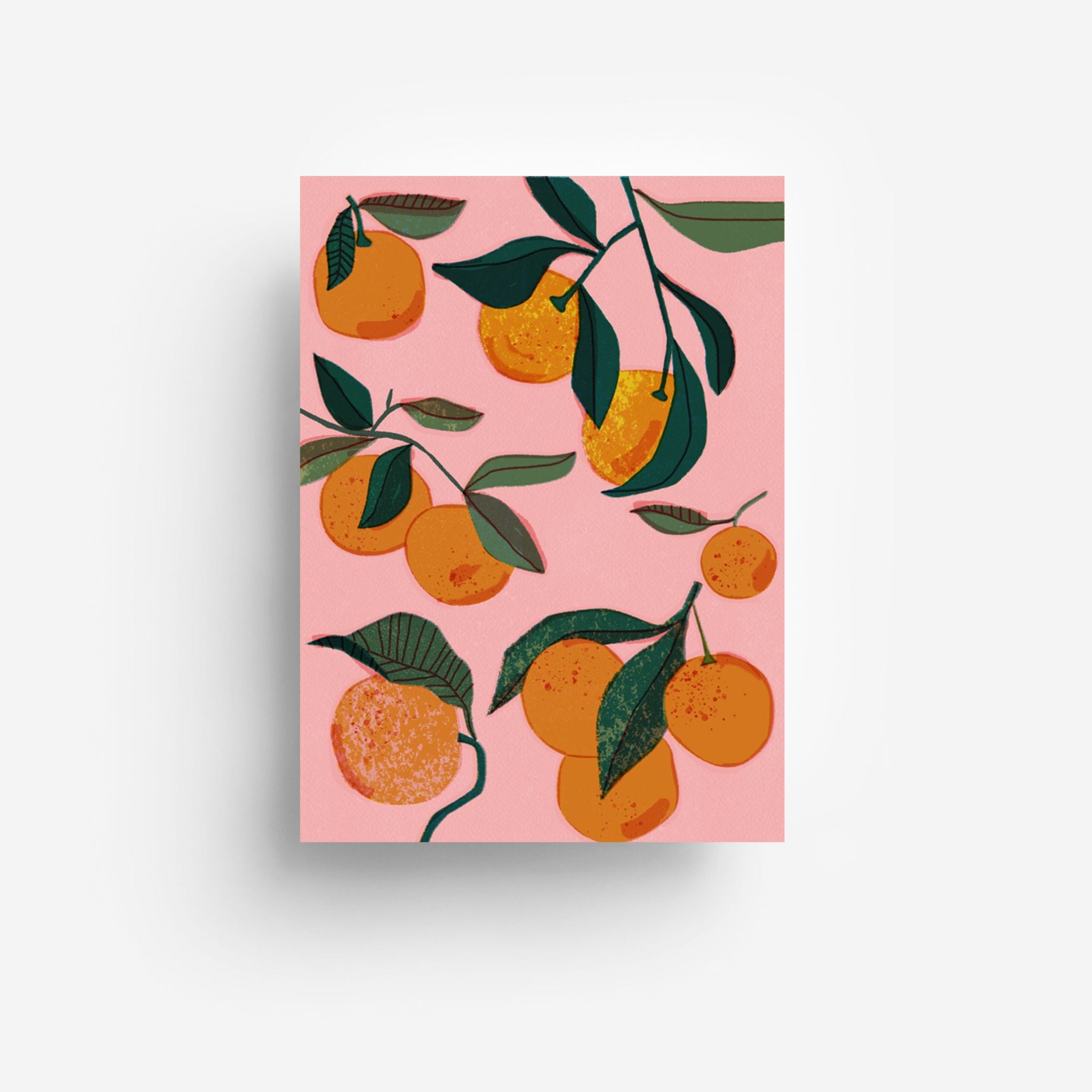 Illustration von orangefarbenen Früchten mit grünen Blättern auf Zweigen, vor einem hellrosa Hintergrund. Das Design ist lebendig und spielerisch und schafft ein frisches und lebendiges Aussehen.