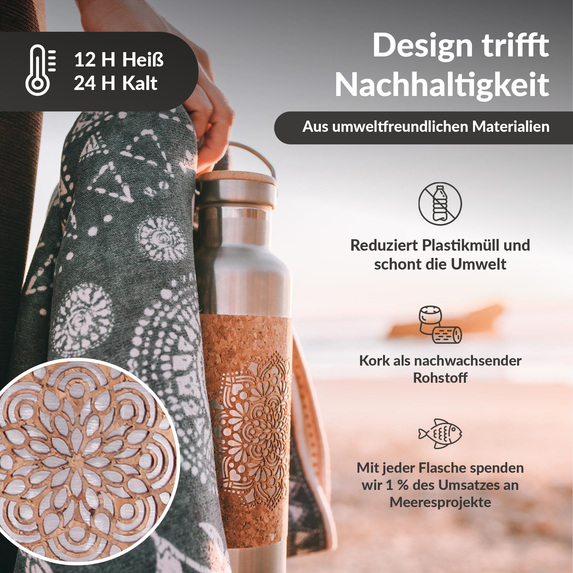 Trinkflasche aus Edelstahl mit Kork-Verzierung, umgeben von einem Tuch; Text über Nachhaltigkeit und Umweltschutz.