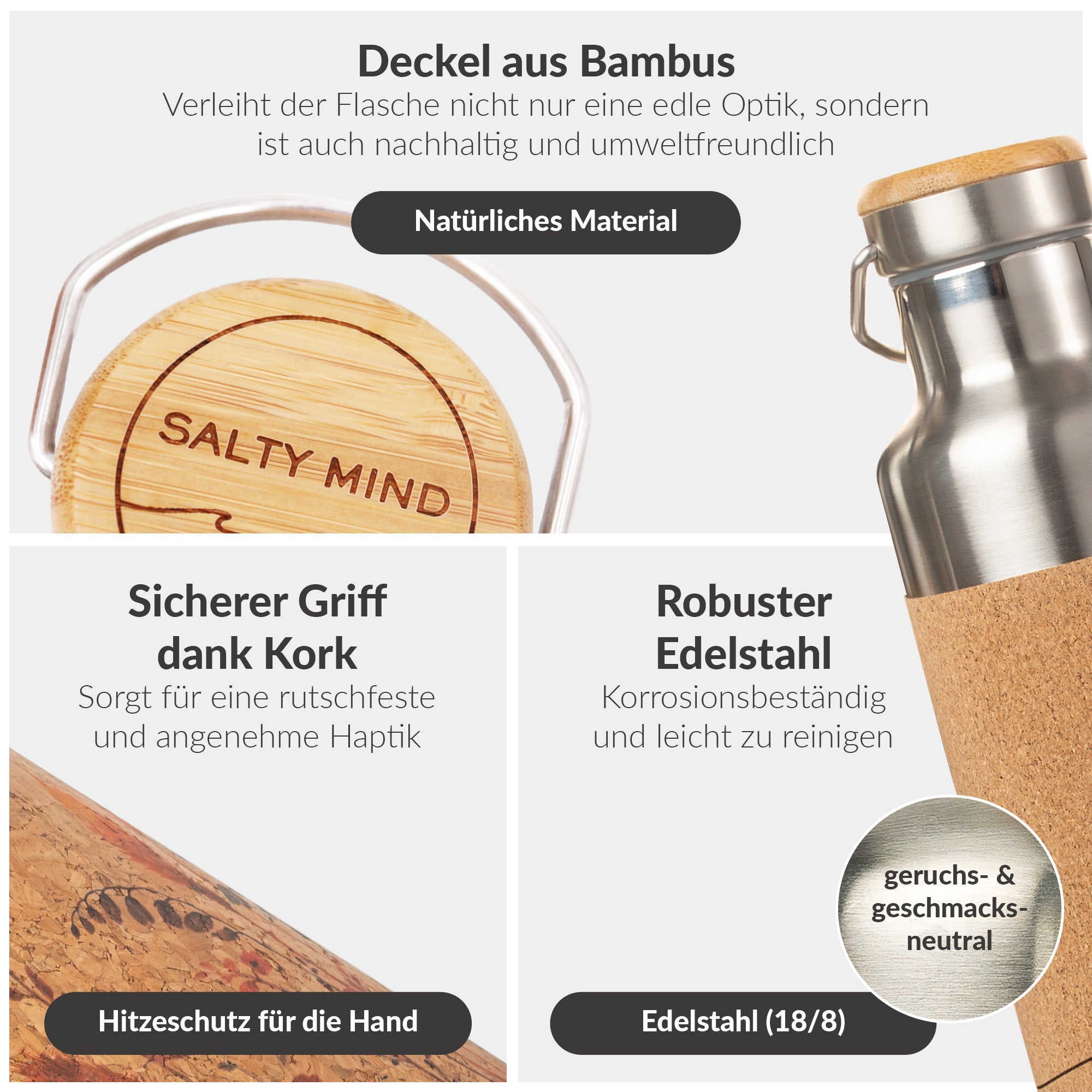 Bambus- und Korkdeckel mit Edelstahlflasche, hervorgehoben sind nachhaltige, rutschfeste und korrosionsbeständige Eigenschaften.