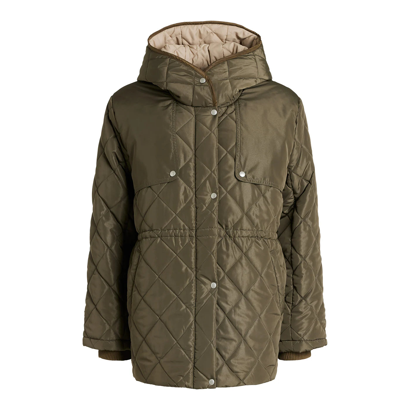Olivgrüner, gesteppter Parka mit Kapuze, Druckknöpfen vorne, Brusttasche und verstellbarem Bund. Der Mantel hat gerippte Bündchen und ein beiges Innenfutter, das für Wärme und Outdoor-Aktivitäten ausgelegt ist.
