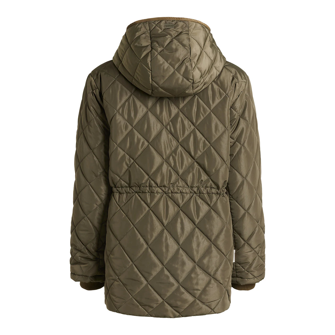 Olivgrüne Steppjacke mit einer Kapuze, langen Ärmeln, einem Gummizug in der Taille und einem Rautenmuster auf dem Rücken. Die Jacke scheint knielang zu sein und ist für kaltes Wetter geeignet.